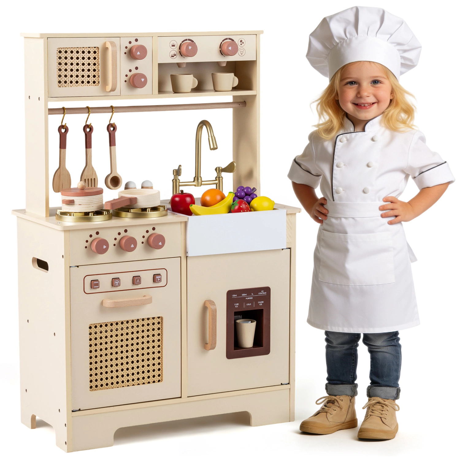 LJG Chef Pretend Play Kitchen for Kids with Realistic Lights and Sounds