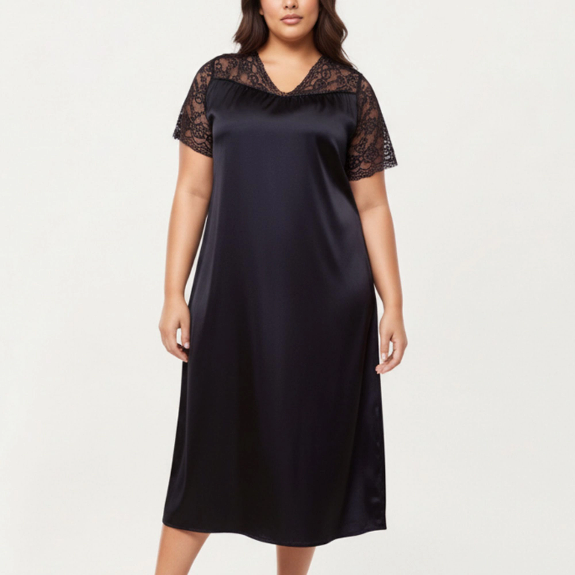 Anna-Kaci Women's Plus Satin Nightgown with Delicate Lace V-Neck Short Sleeves and Soft Flowing Silhouette