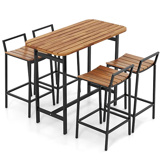LJG 5 Piece Acacia Wood Bar Table Set Bar Height Table and Chairs with Metal Frame and Footrest