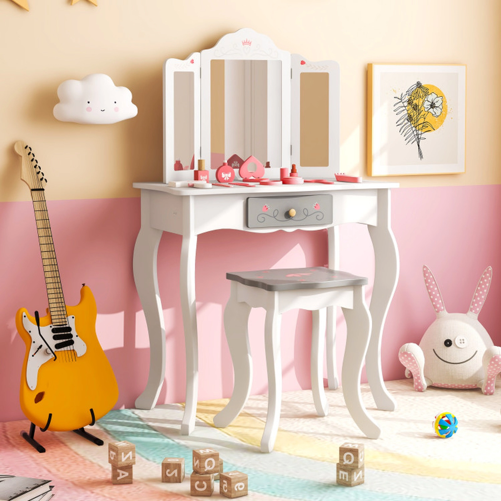 SUGIFT White Toddler Vanity Set with Chair and Removable Tri-Fold Acrylic Mirror