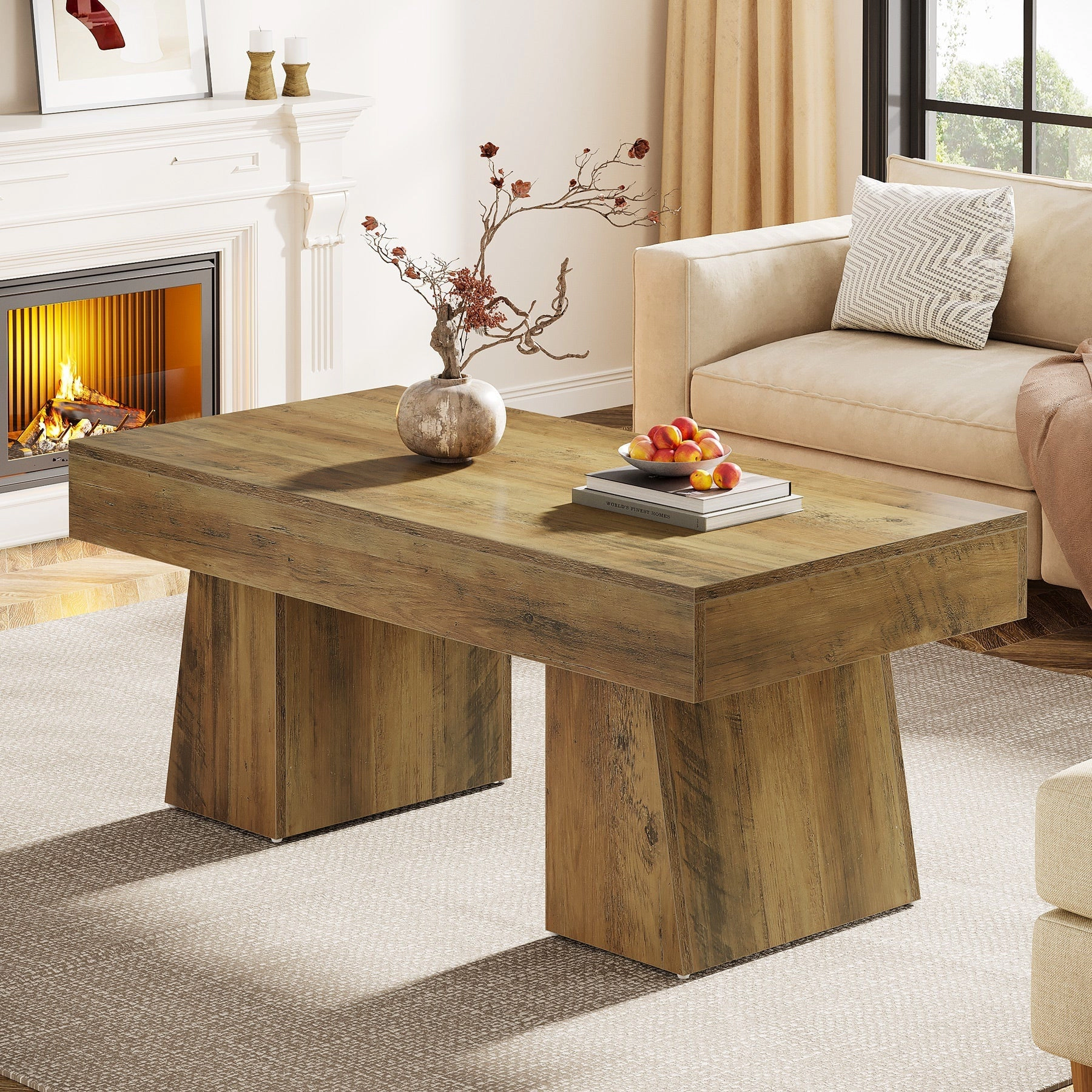 Tribesigns 47" Coffee Table Farmhouse Light Brown Wood Rectangular Living Room Table