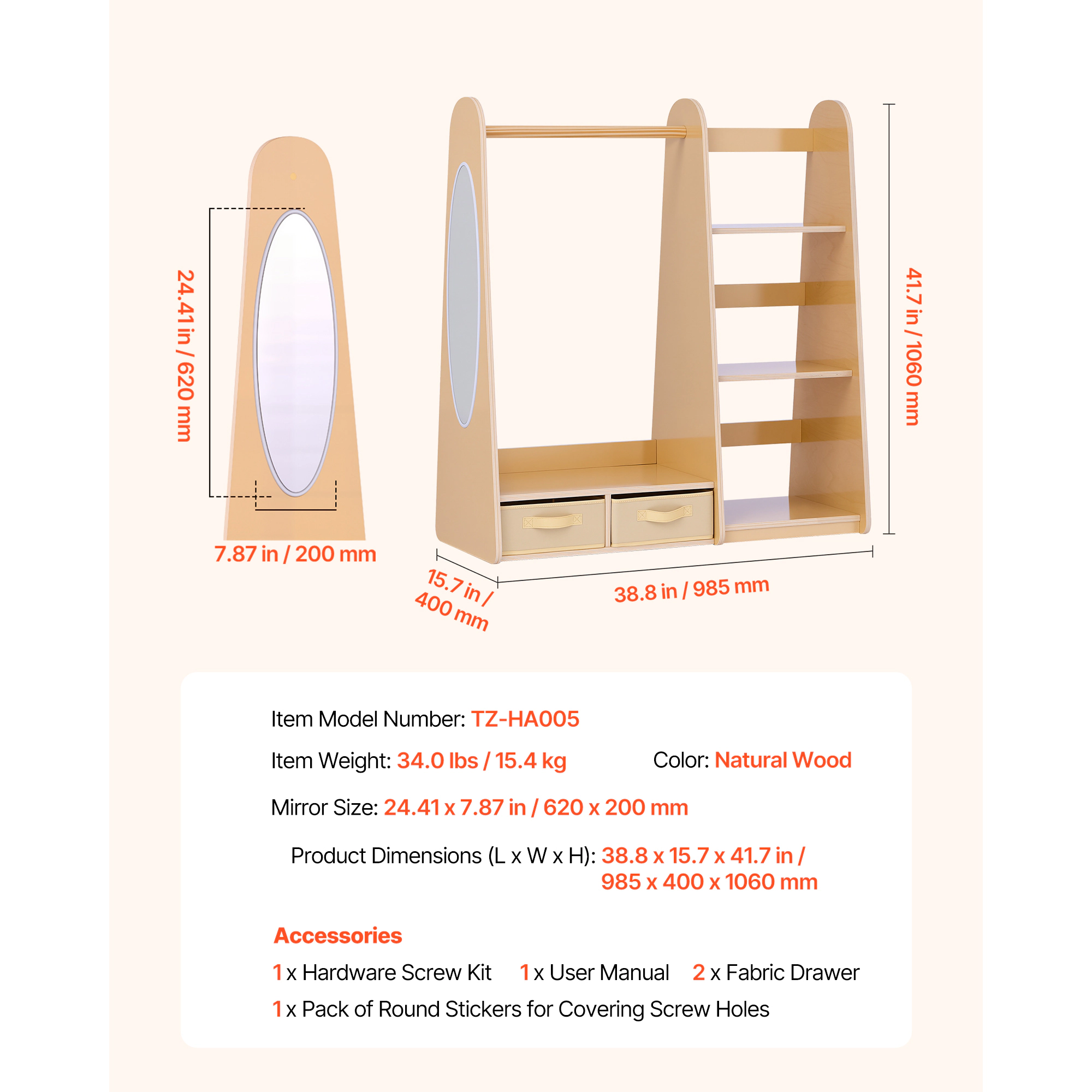 HONGGE Kids Dress Up Storage with Mirror Toddler Wardrobe Closet for Girls Armoire Costume Organizer Bedroom