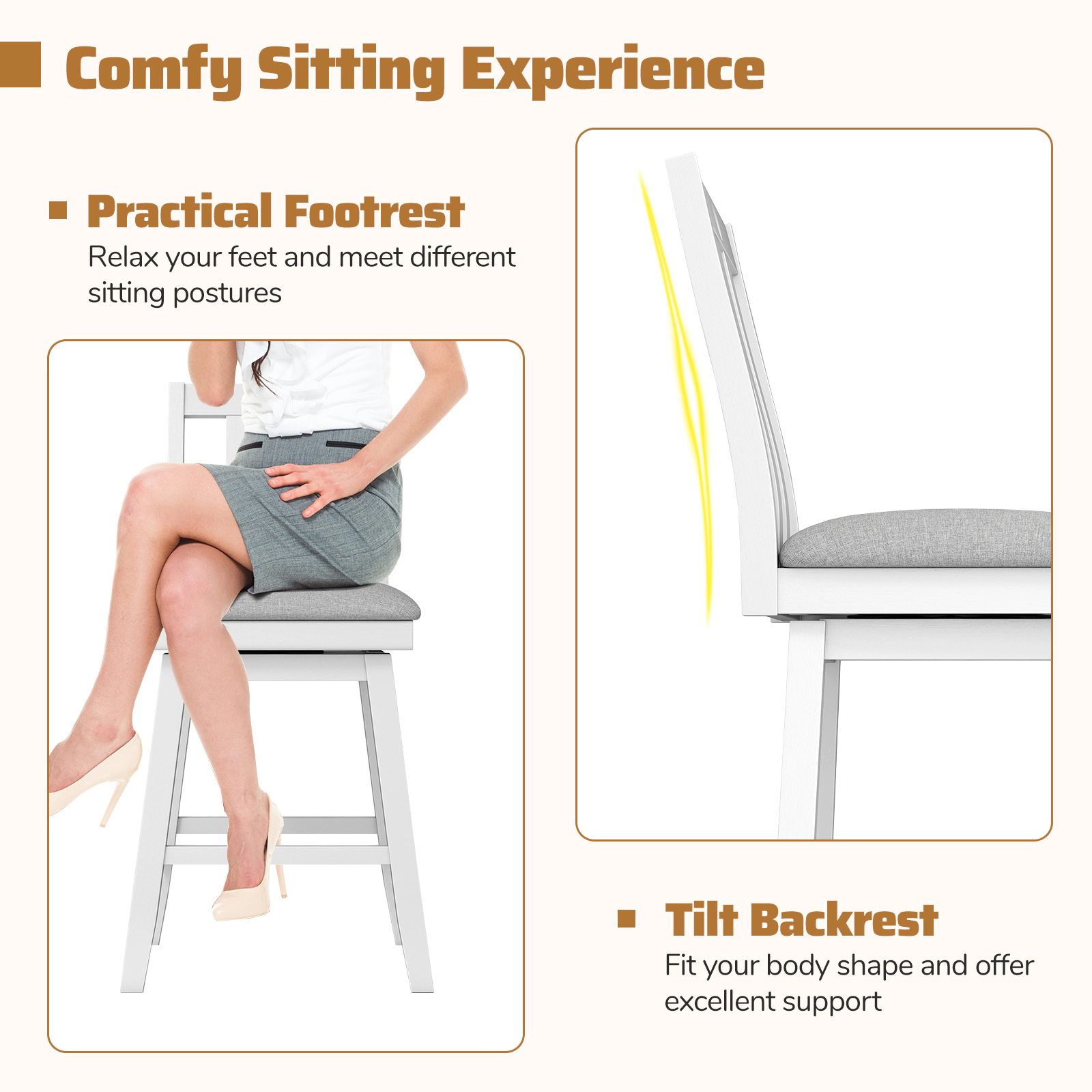 Glintex 2-Piece 25-Inch Swivel Bar Stool Set with a 19-Inch Wide Seat, Gray+White