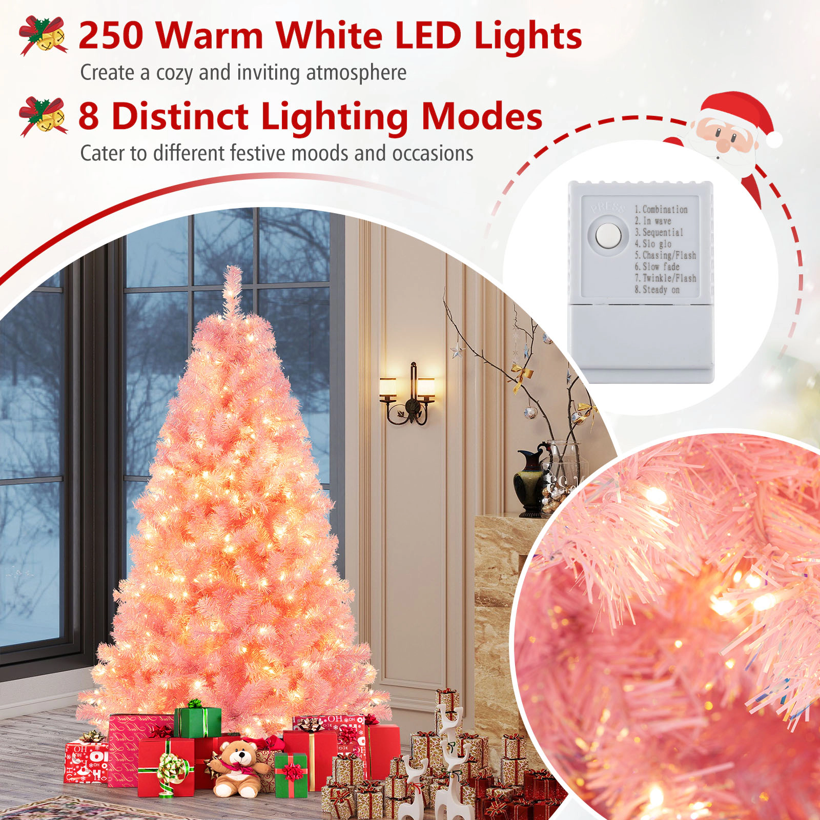 SUGIFT 6-ft Pink Pre-Lit Tinsel Artificial Christmas Tree with Reflective Foil Tips and 8 Lighting Modes