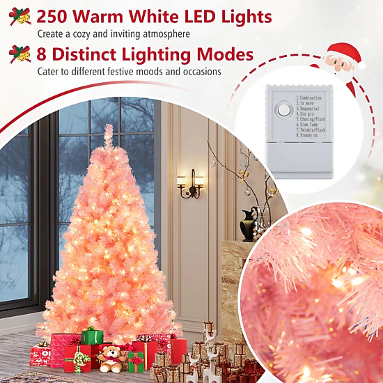 SUGIFT 6-ft Pink Pre-Lit Tinsel Artificial Christmas Tree with Reflective Foil Tips and 8 Lighting Modes