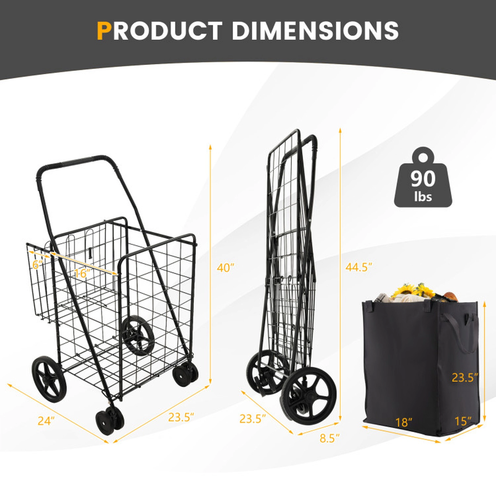 SUGIFT Folding Rolling Shopping Cart Waterproof Oxford Liner Back Basket 90-lb Capacity 24 x 23.5 x 40-in Black