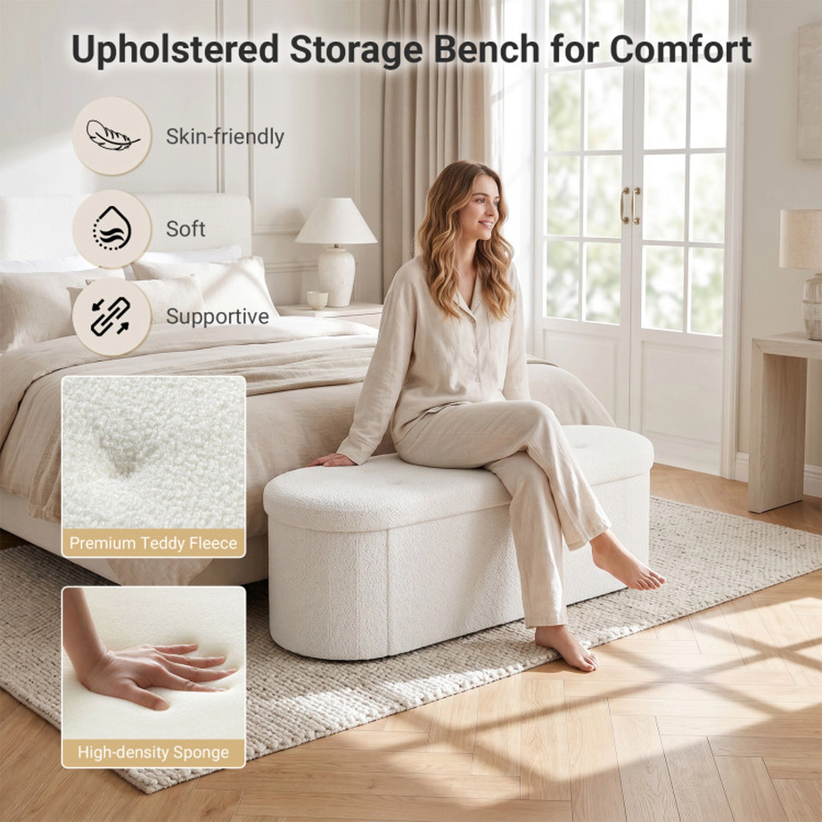 SUGIFT 43-Inch Beige Folding Storage Ottoman Bench, Teddy Fleece, 3 Compartments, 330 lb Capacity