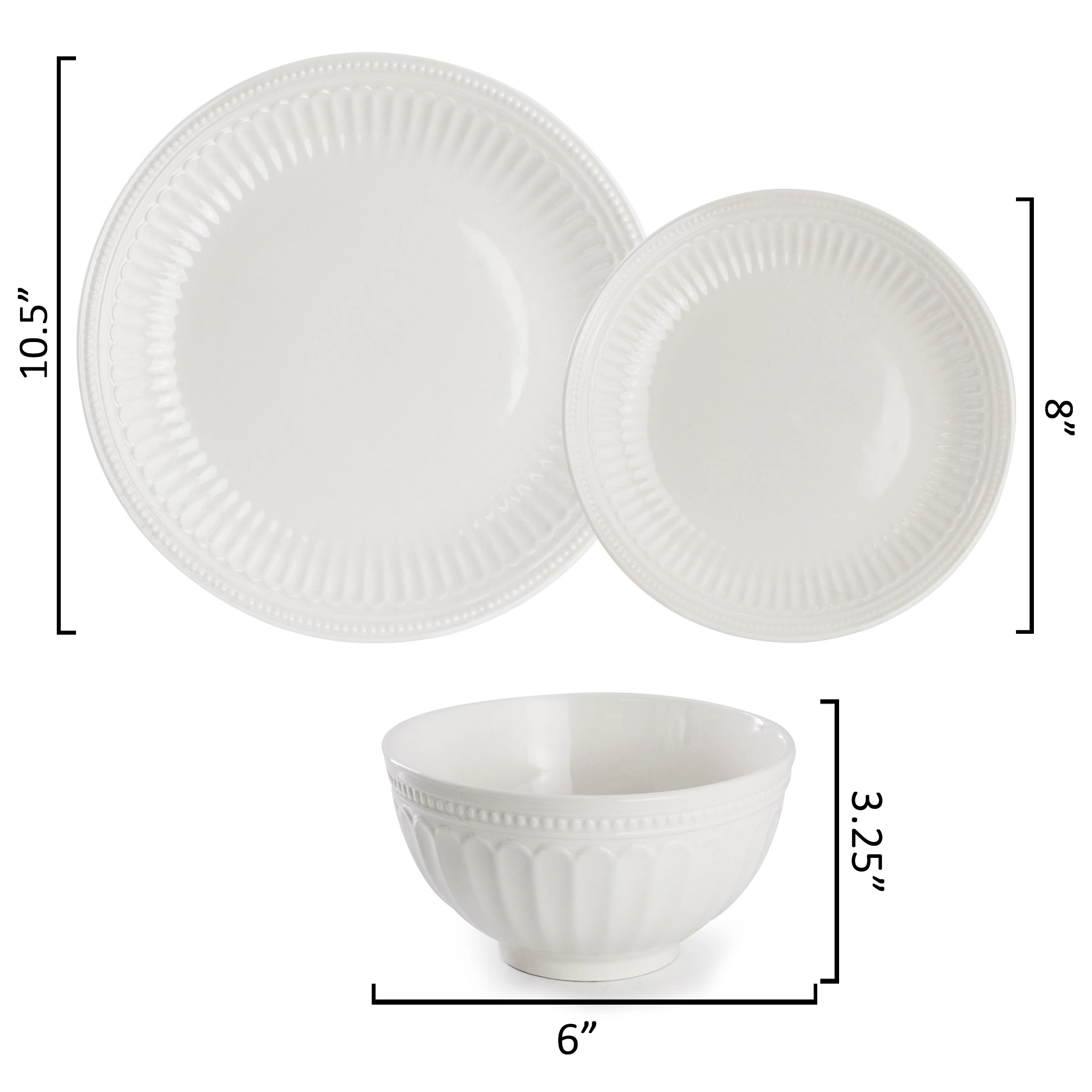 Elama Gabriella 12 Piece Embossed Arch Stoneware Dinnerware Set in White