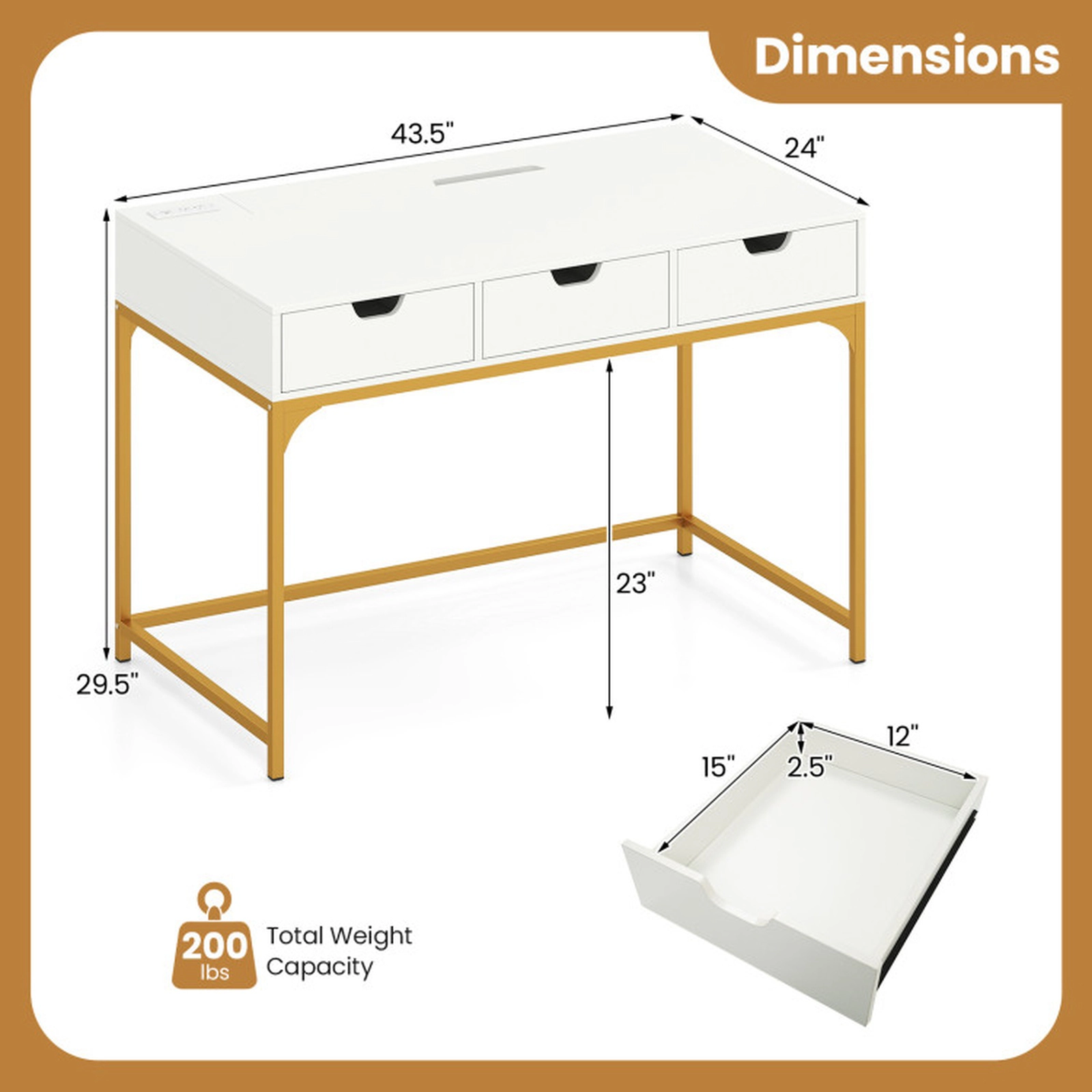 SUGIFT Office Desk with Power Outlets Hidden Compartment and Drawers 200-Lb Capacity 43.5-in Wide Engineered Wood White