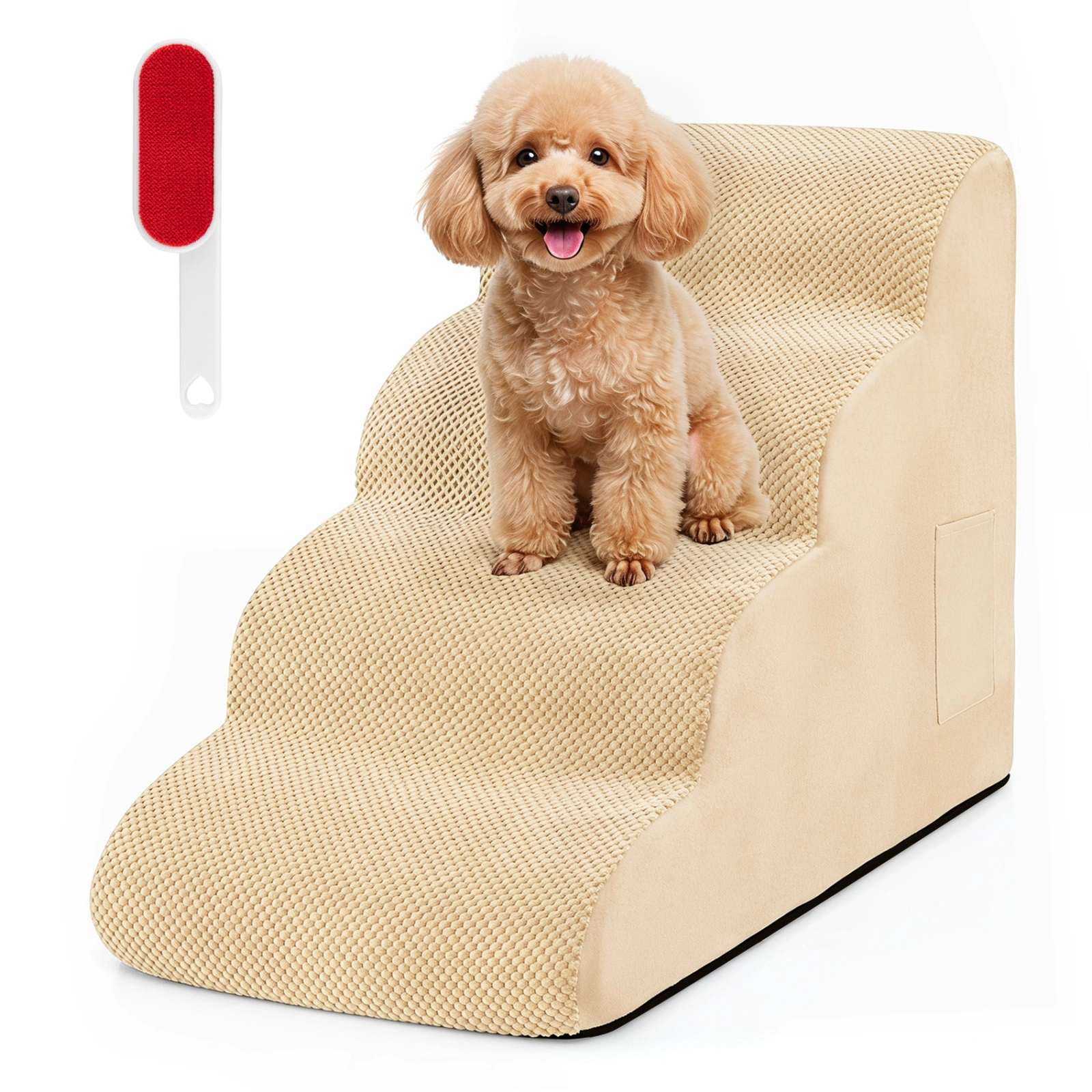 SUGIFT Beige 4-Tier Foam Dog Stairs with Washable Zippered Cover 28.5-in W 16-in D 20-in H 132-lb Step Capacity