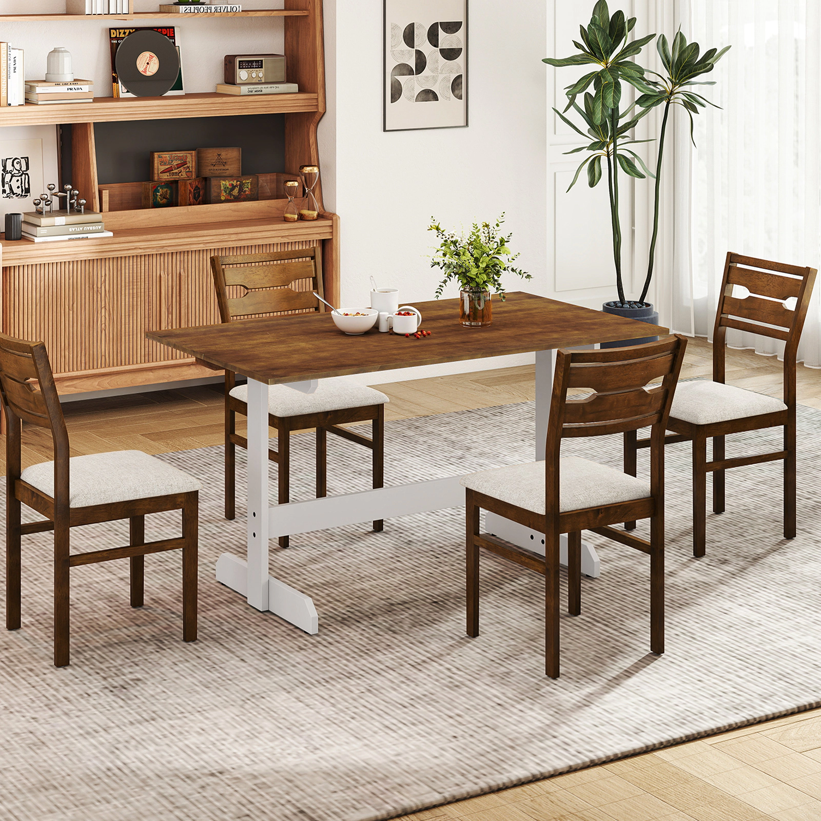 LJG 55 Inch Dining Table for 4-6 People Rectangular Kitchen Table with Solid Wood Trestle Base