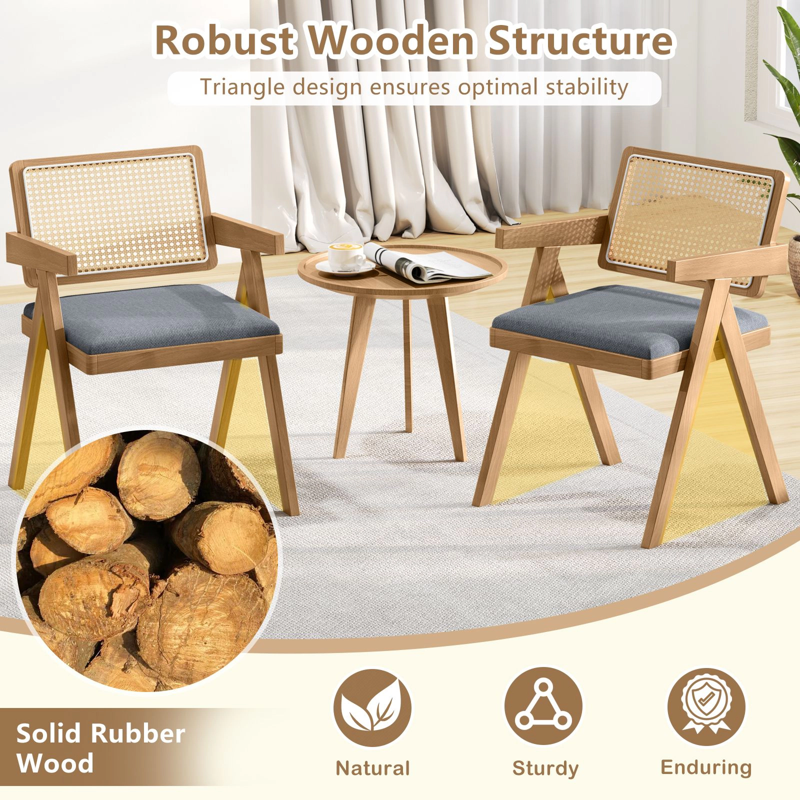 SlickBlue Set of 2 Natural Rattan Accent Chair with Padded Seat & Wood Frame