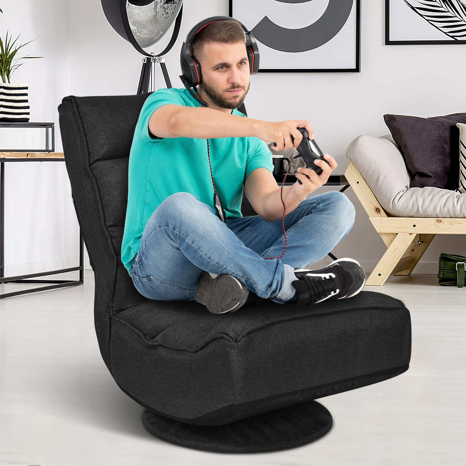 SUGIFT 5-Position Swivel Folding Floor Gaming Chair 300-lb Capacity 23-in Long Iron Frame Floor Seat Black
