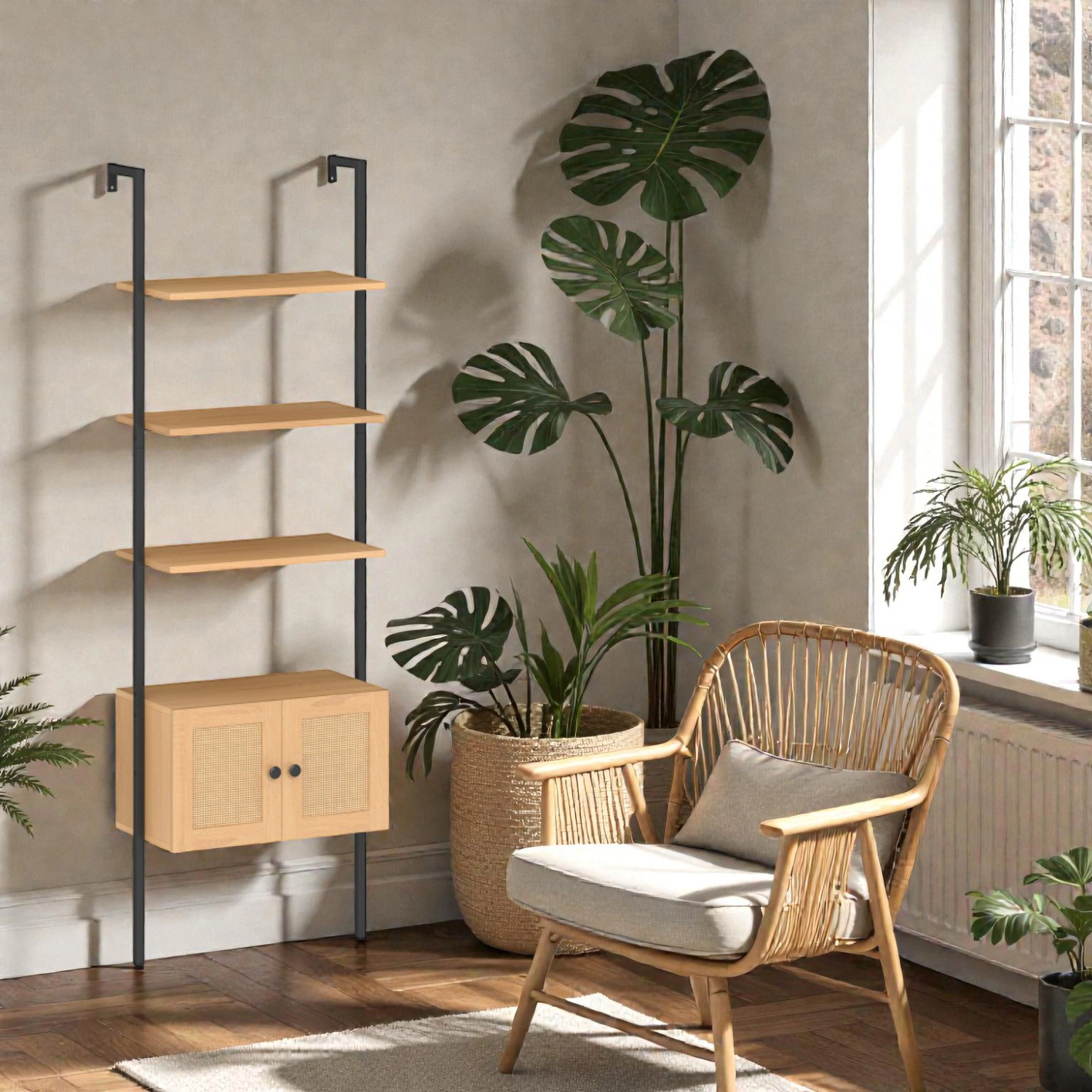 Hivvago Ladder Style Bookcase with Rattan Storage Cabinet and Metal Frame