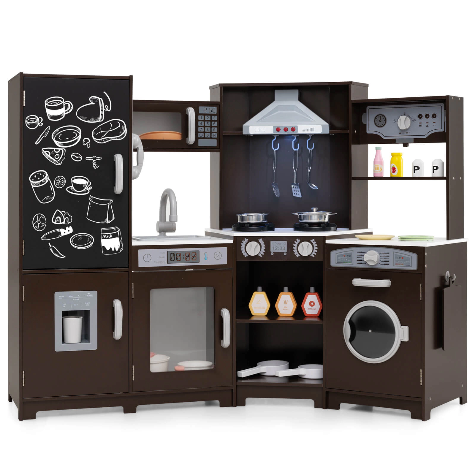Costway Corner Kids Play Kitchen Wooden Pretend Toy with Realistic Lights Brown