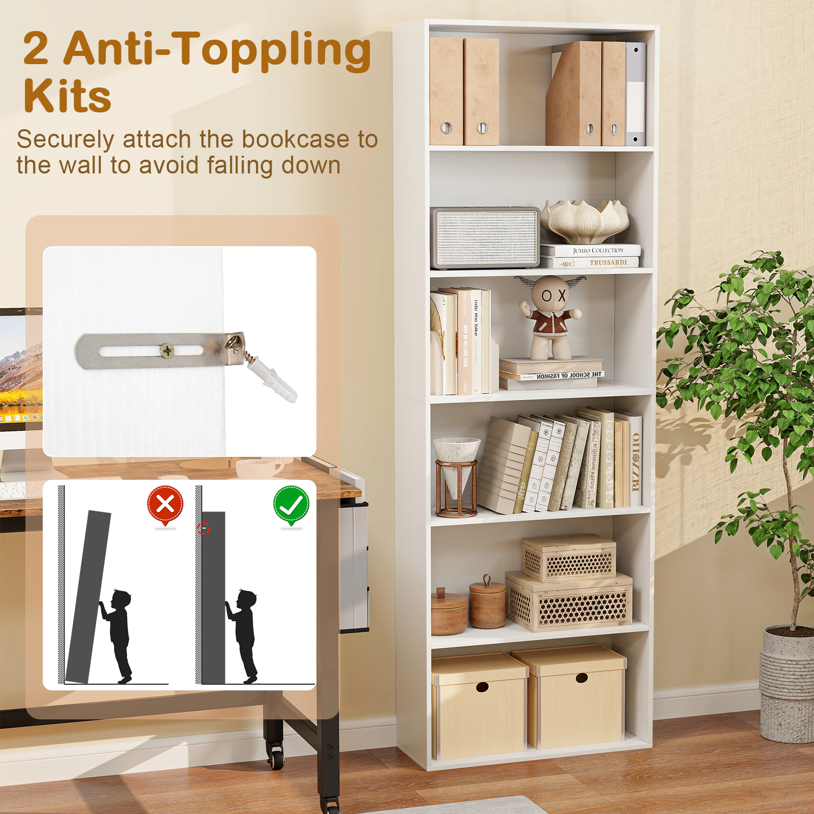 SUGIFT 6-Tier MDF Engineered Wood Bookcase 6 Open Shelves 200-lb Total Capacity 70-in Tall With Anti-Toppling Kits White