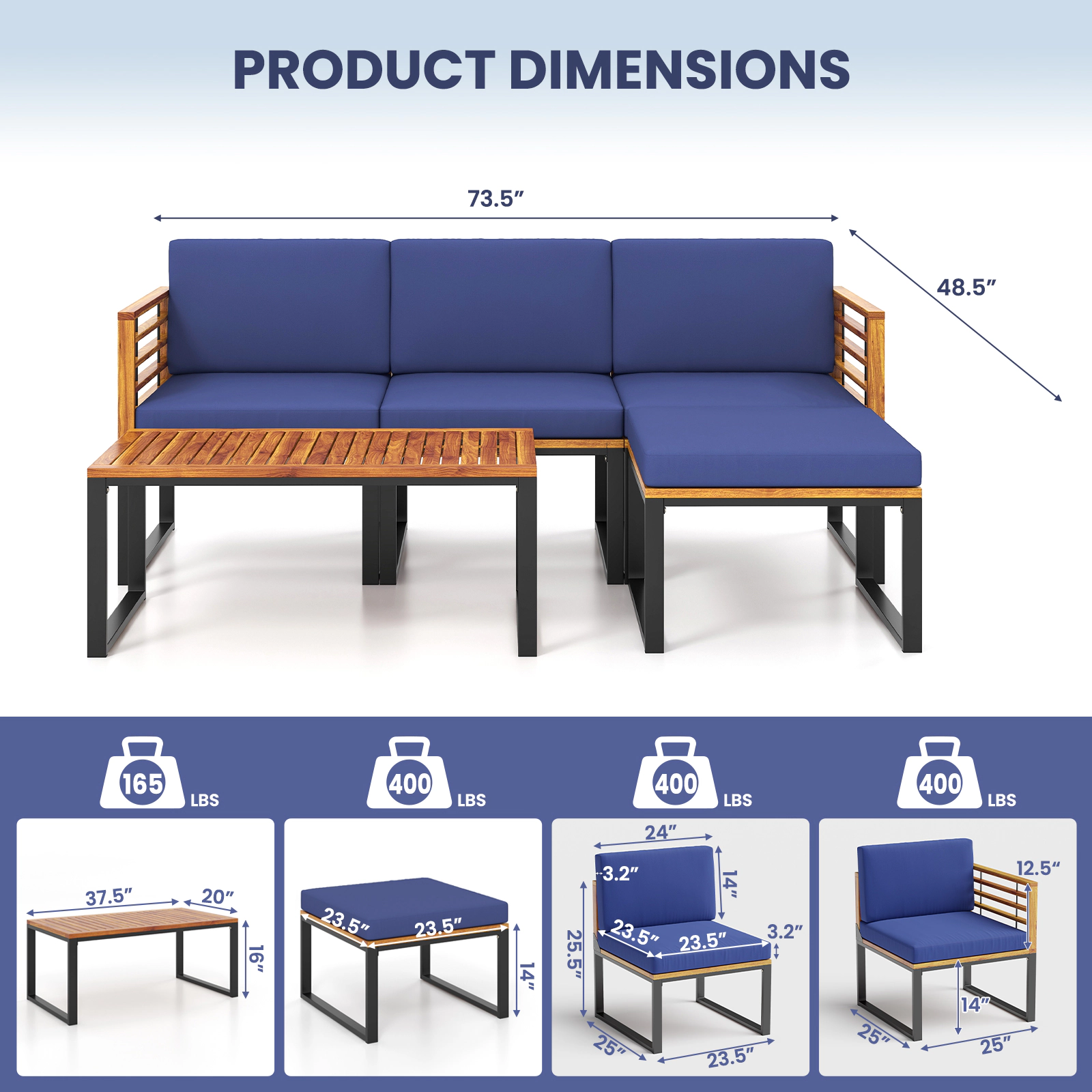 SUGIFT 5-Piece Navy Acacia Wood Patio Sectional Set with Ottoman and Coffee Table