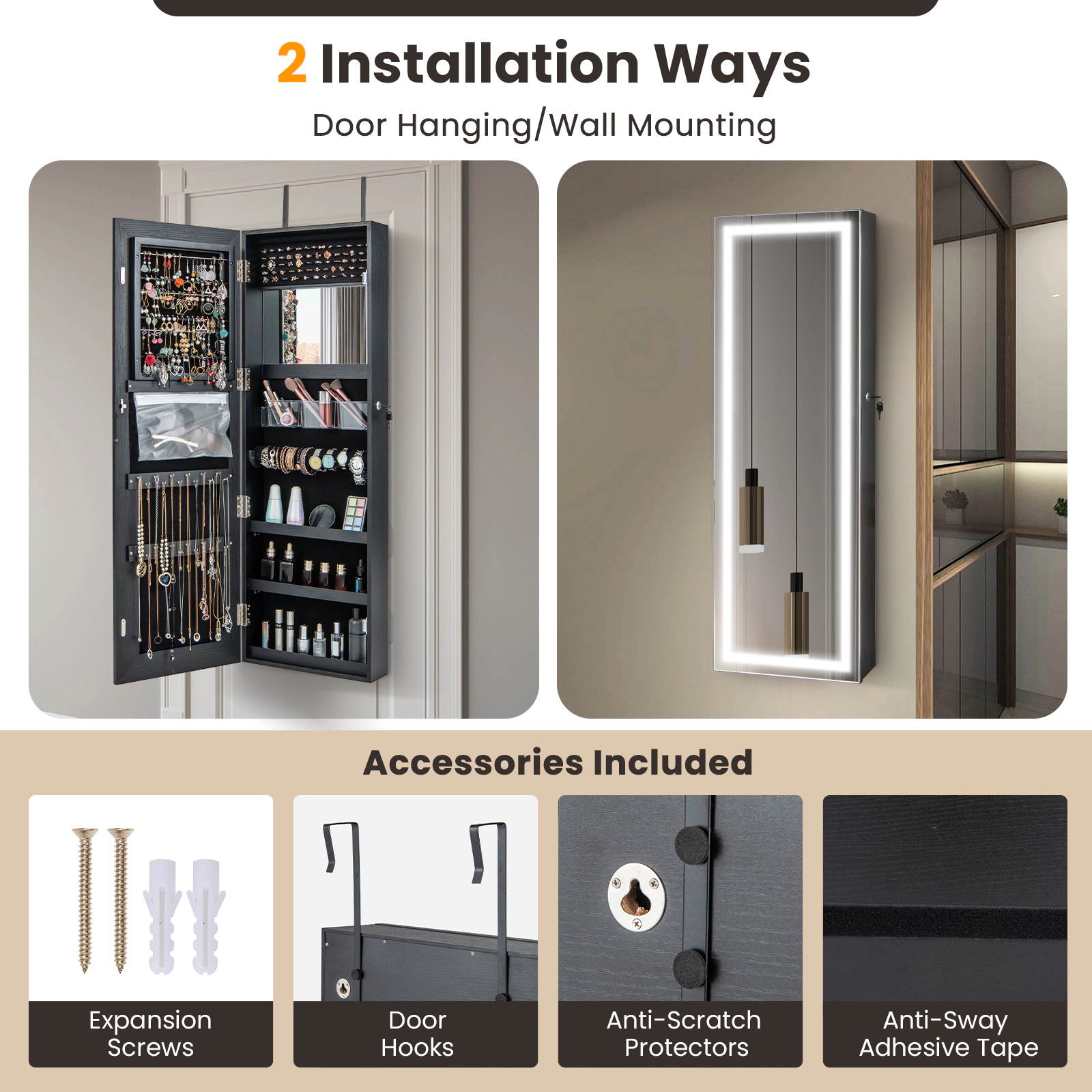 Hivvago Mirrored Jewelry Armoire with Full Length Mirror and 2 Internal LED Lights