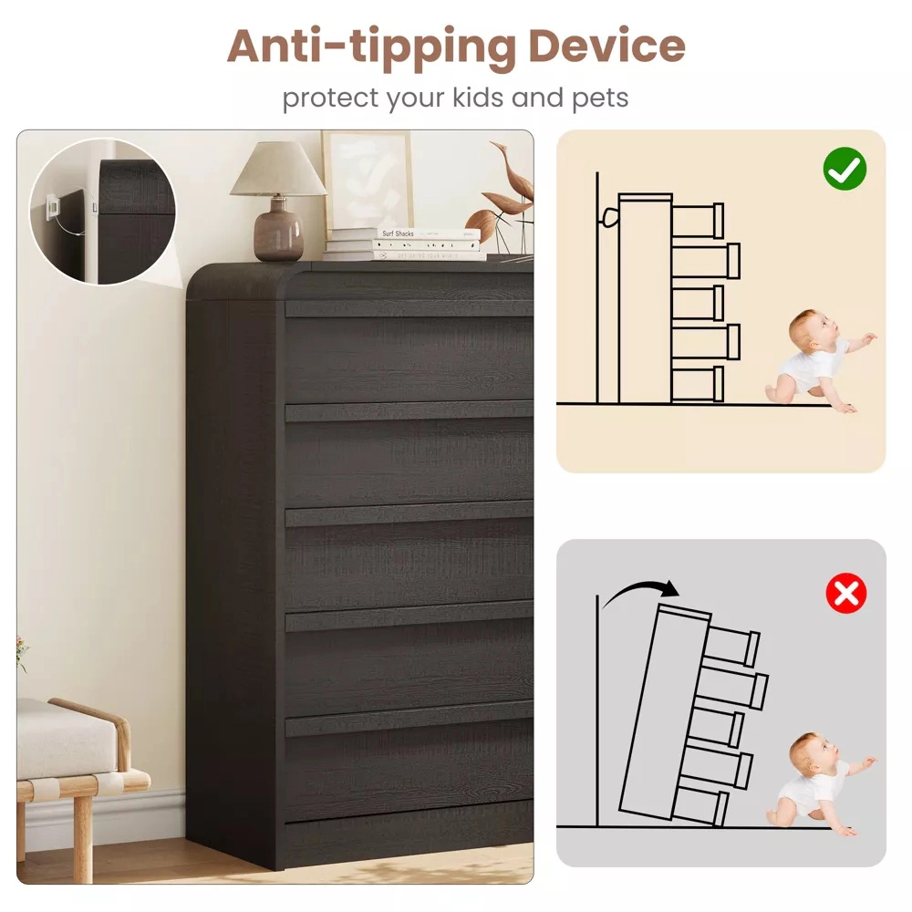 Arched 5 Drawer Wood Dresser with Curved Profile, Modern Storage Chest