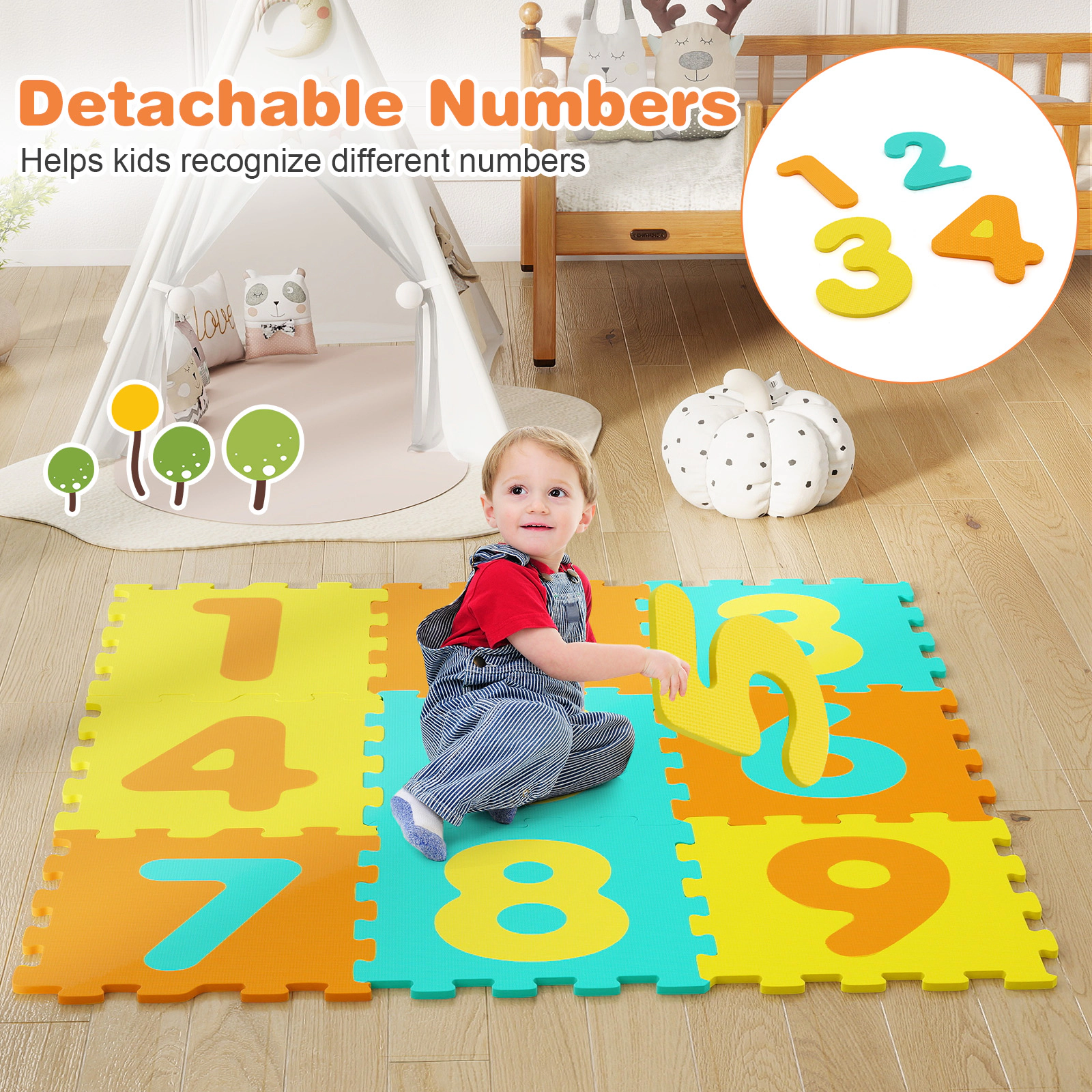 SUGIFT 9-Piece 12.5-in Interlocking EVA Foam Puzzle Play Mat with Removable Numbers and 3 Marker Discs
