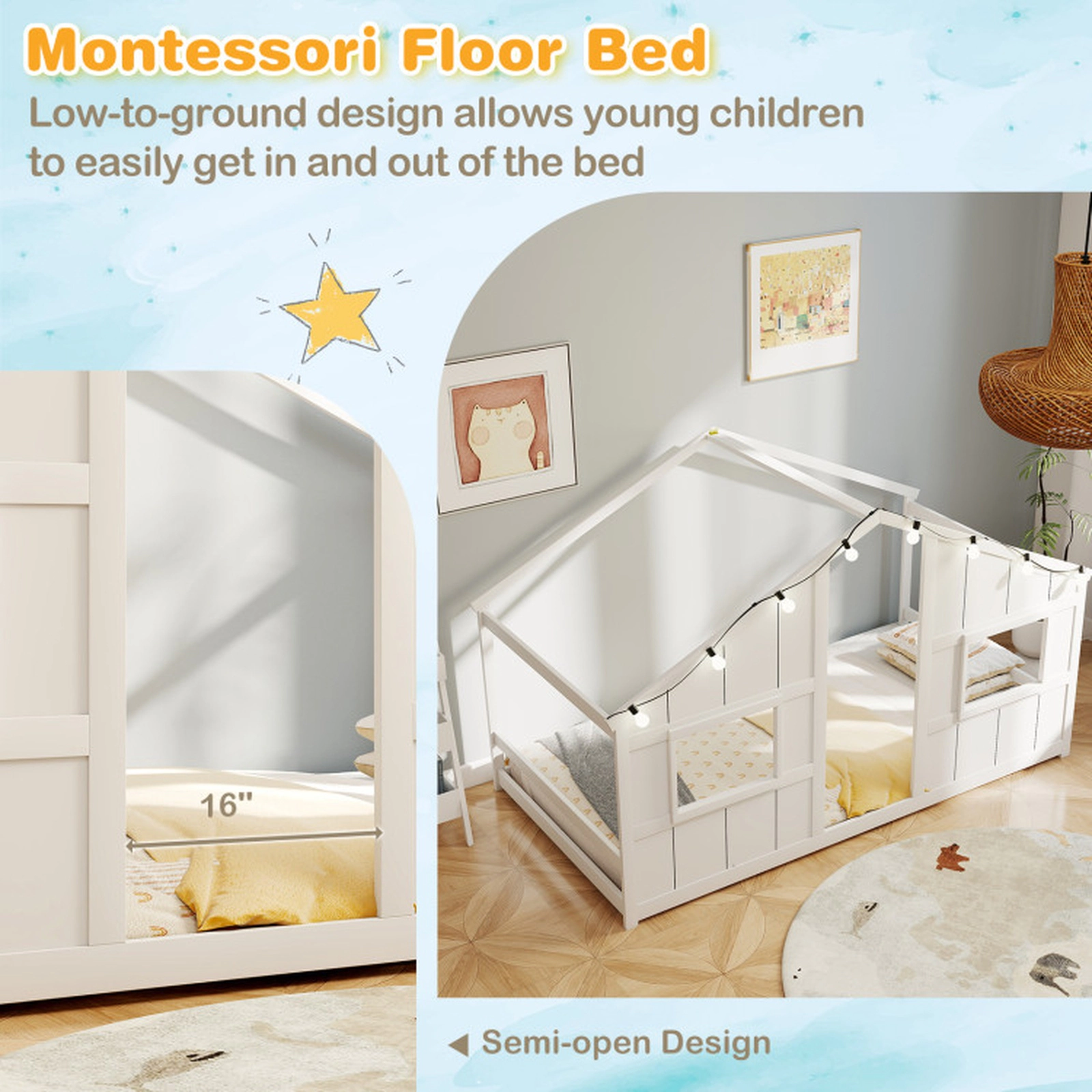 SUGIFT Twin Size White Solid Wood Montessori Kids House Floor Bed with 8 LED Lights Windows and Doorway