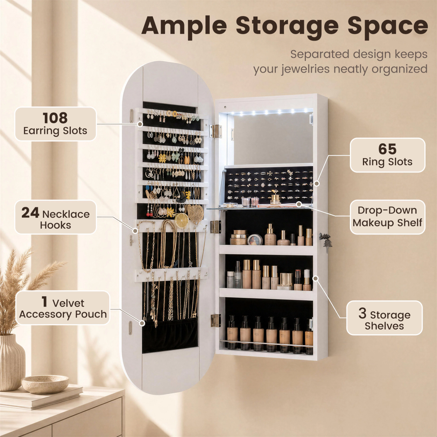 LJG Wall and Door Mounted Mirror Jewelry Cabinet with