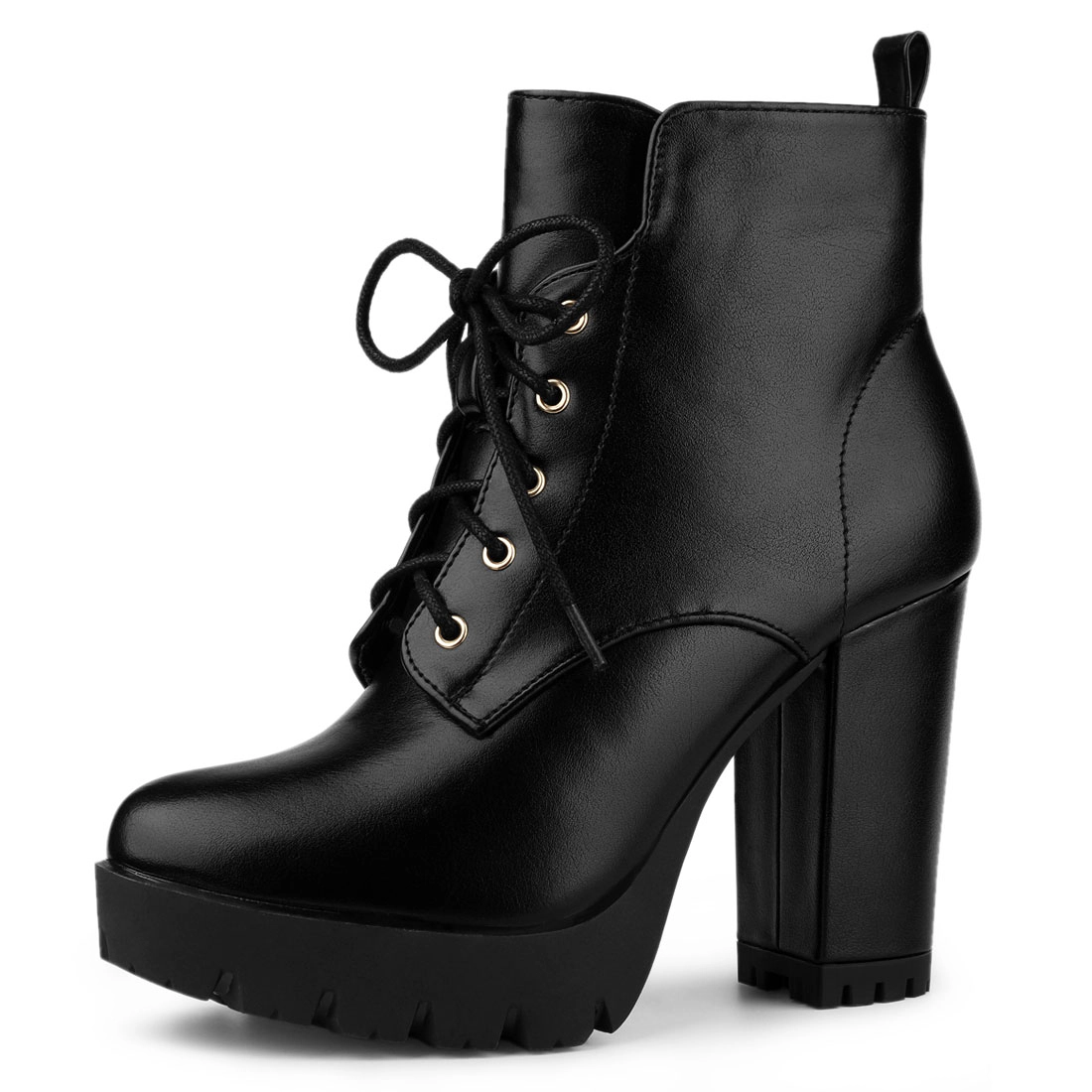 BLISSFUL STEP Women Round Toe Chunky Heel Lace Up Platform Ankle Boots