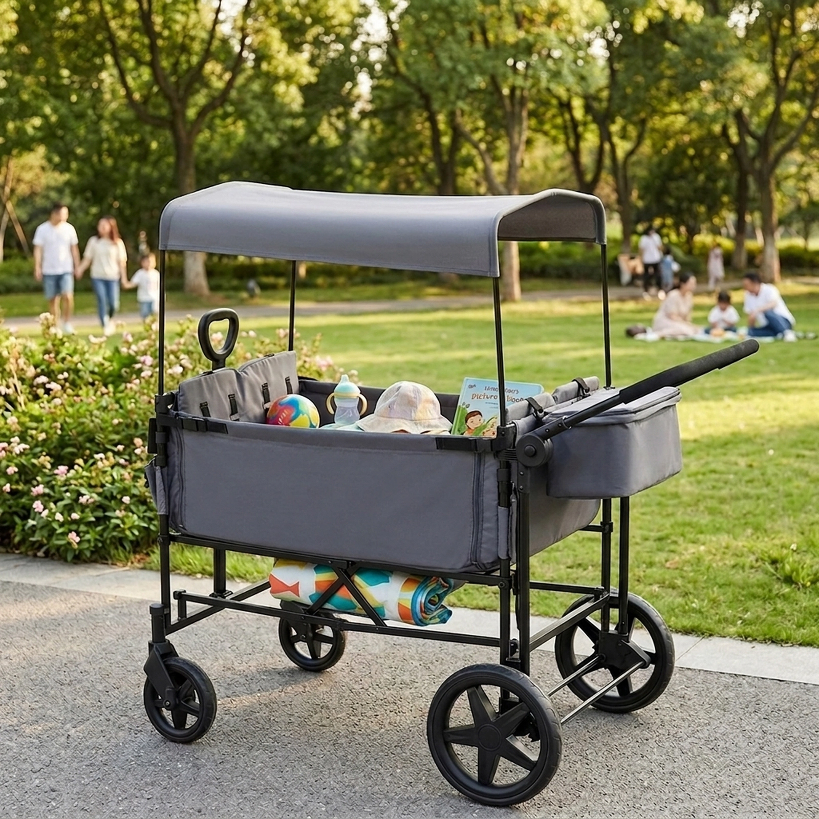 SUGIFT Foldable 4-Seater Wagon Stroller with Removable Canopy and Adjustable Push Handle 160-lb Capacity Black/Gray