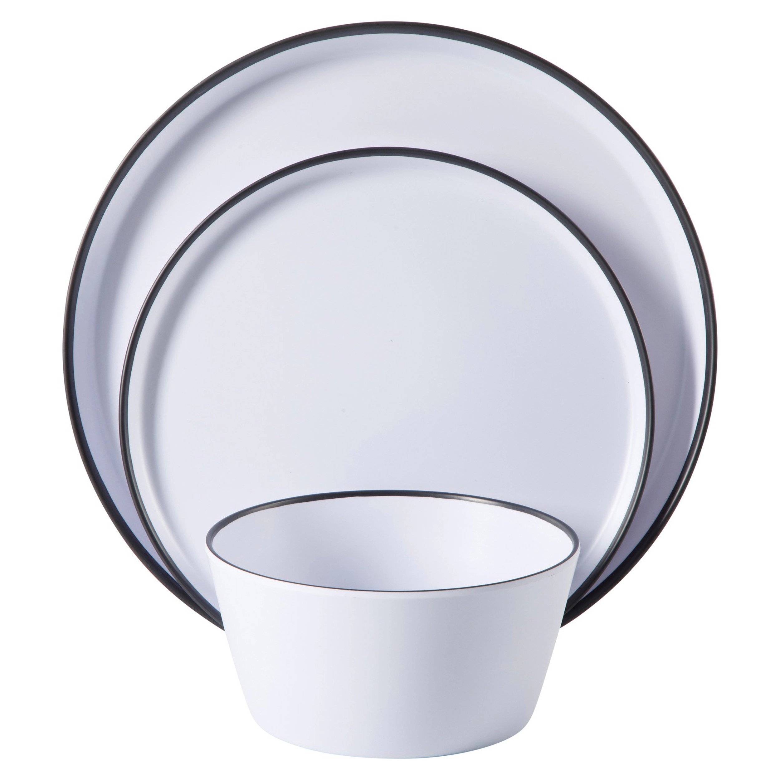 Gibson Home Folsom Shores 12 Piece Melamine Dinnerware Set in White w/ Black Rim