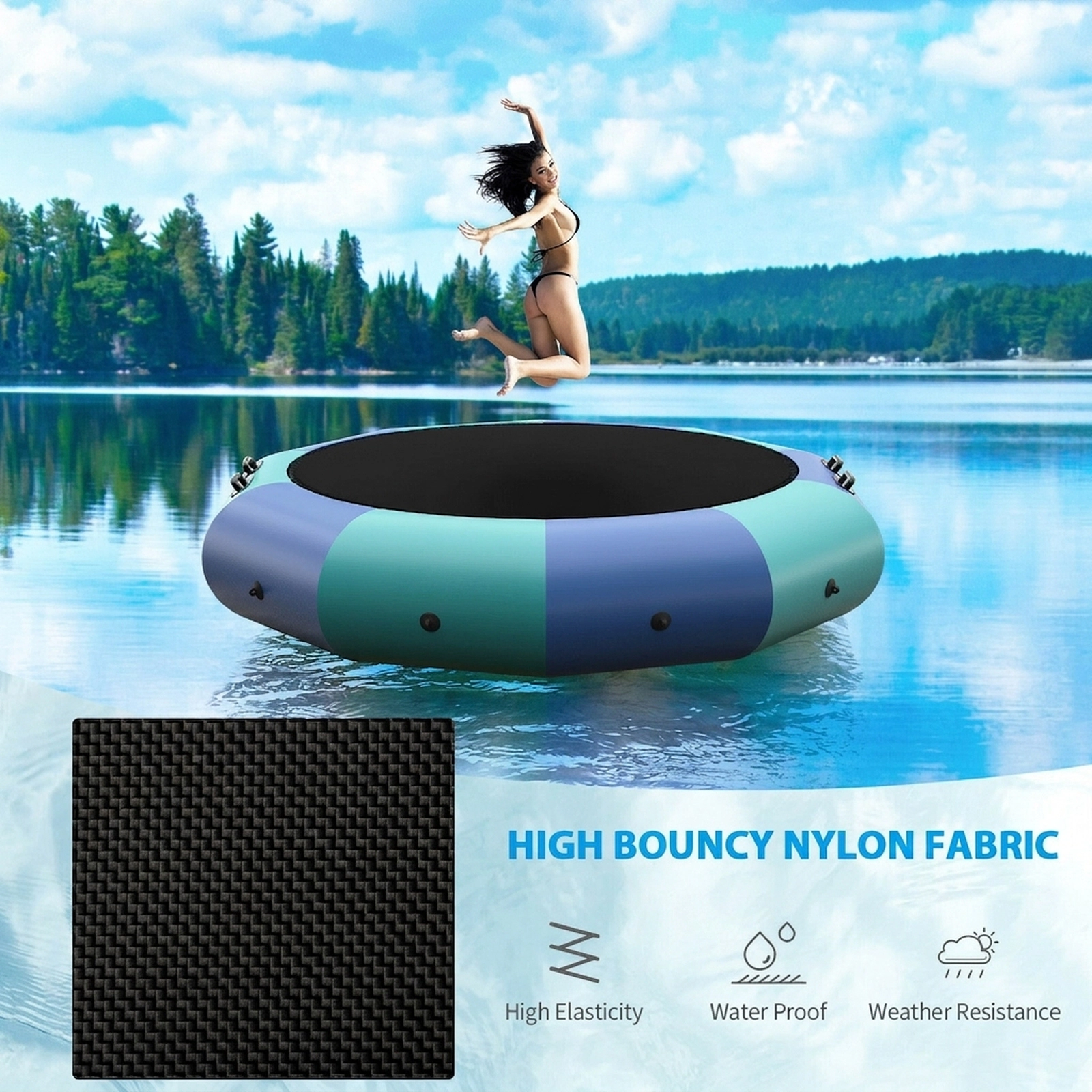 10-ft Inflatable Lake Trampoline Floating Water Bouncer 500W Electric Inflator Rope Ladder Anchor 330-lb Ages 14+ Blue