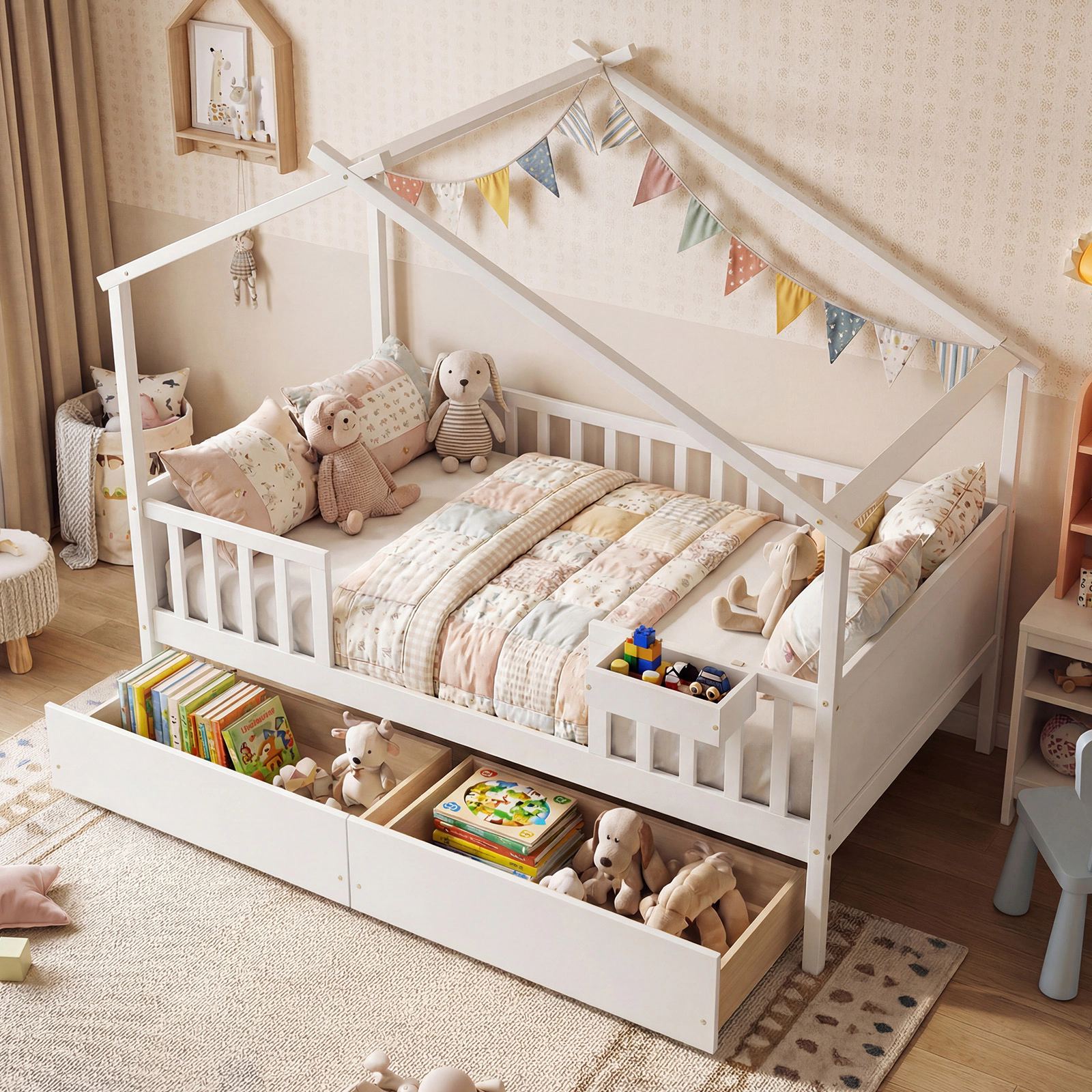SUGIFT Full-Size White Wood House Bed with Roof, Fence Rails and 2 Storage Drawers