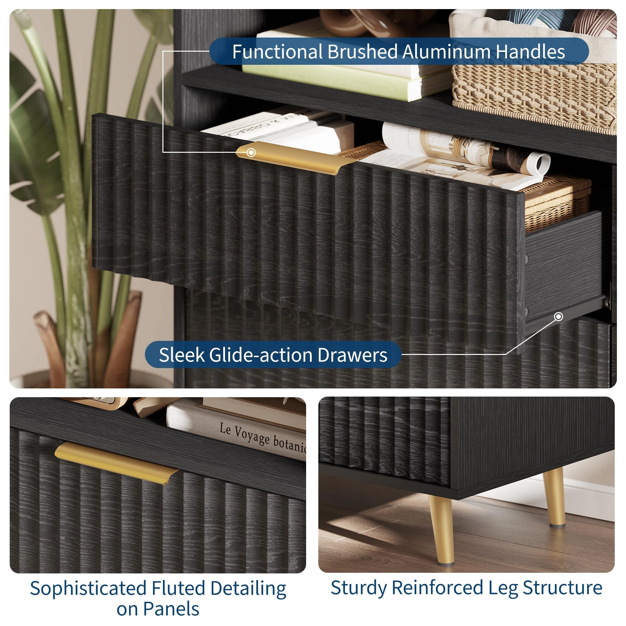 6 Drawer Fluted Dresser with Charging Station and RGB LED Lights, Storage Chest Open Shelf Gold-Tone Handles