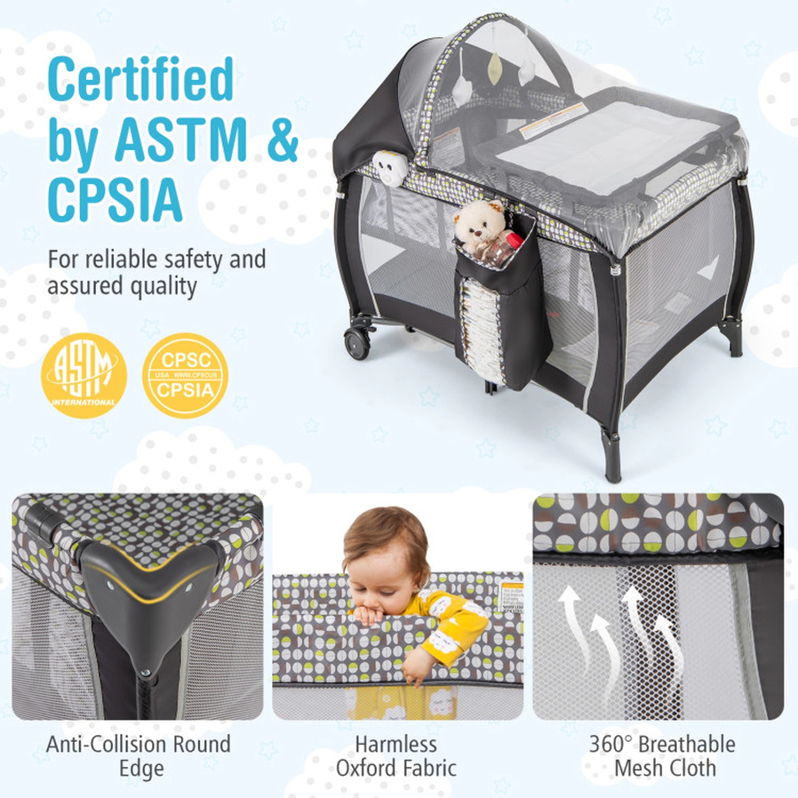 SUGIFT 4-in-1 Portable Baby Nursery Center Travel Crib and Playard 33-lb Capacity Ages 0-3 Years Gray
