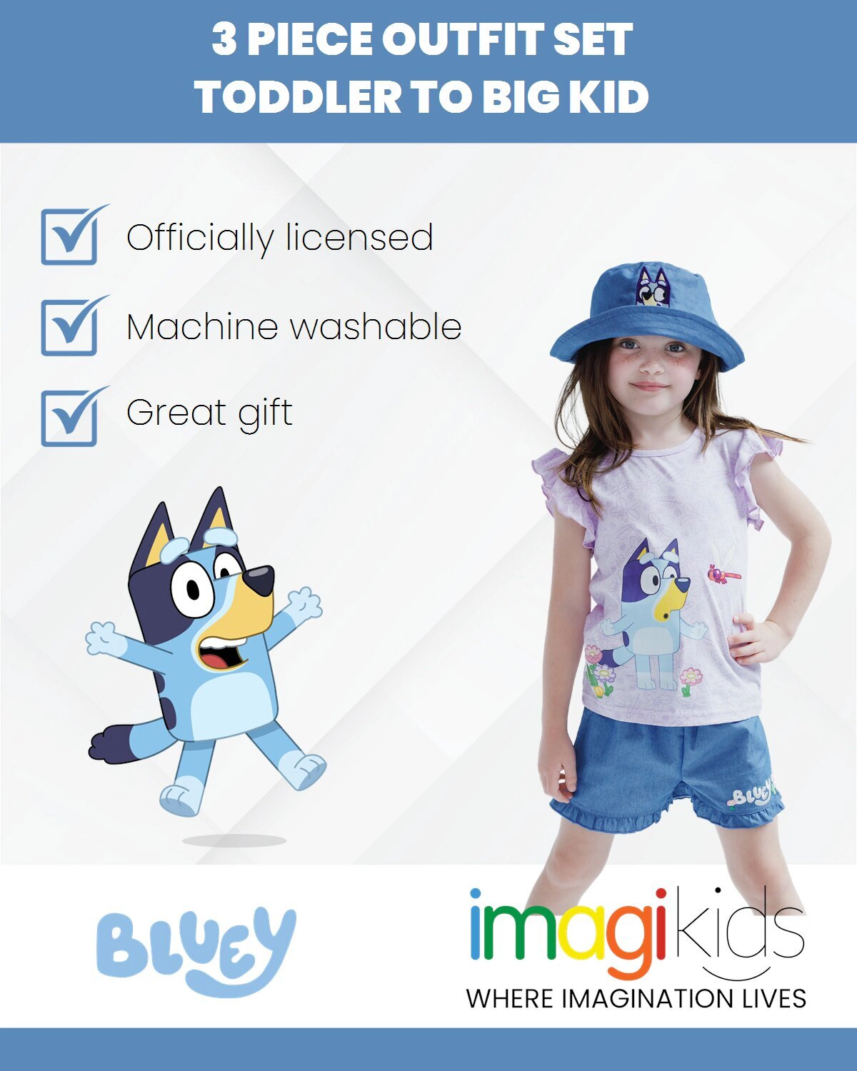 Bluey Girls' 3-Piece Top Shorts and Hat Set