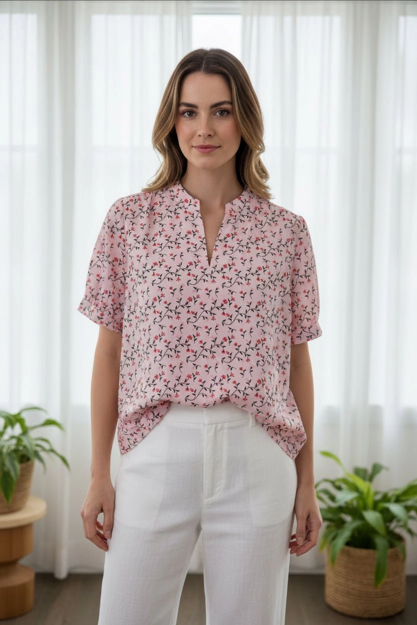 DressAtR Women's Floral Print Split Neck Elbow Sleeve Pullover Blouse