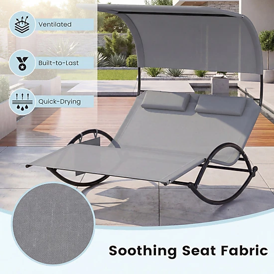 SUGIFT 2 Person Rocking Sunbed Gray Canopied Patio Lounger with Detachable Headrests