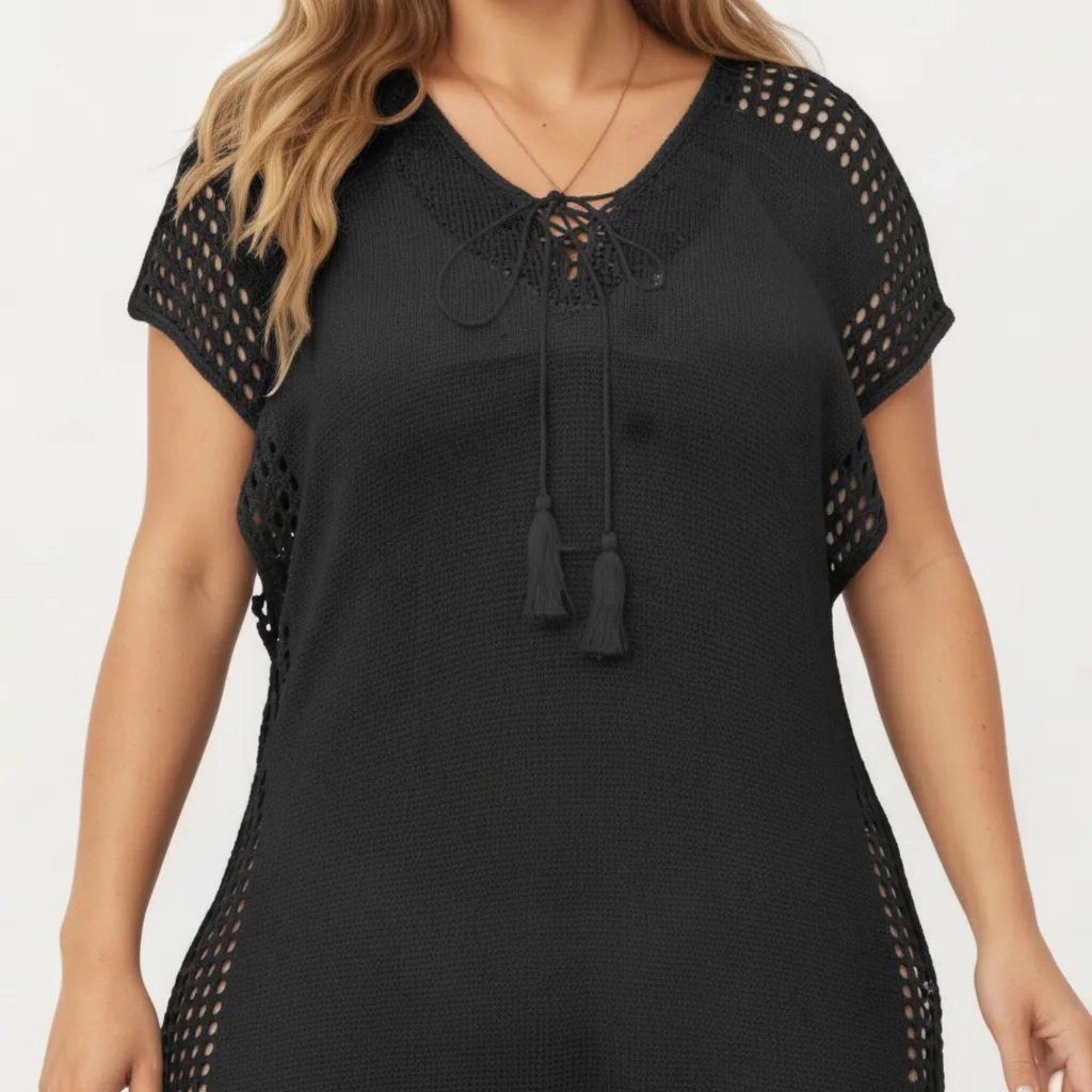 Anna-Kaci Women's Knit Tassel Tie Neck Open Trim Relaxed Short Sleeve Swim Cover Up Dress