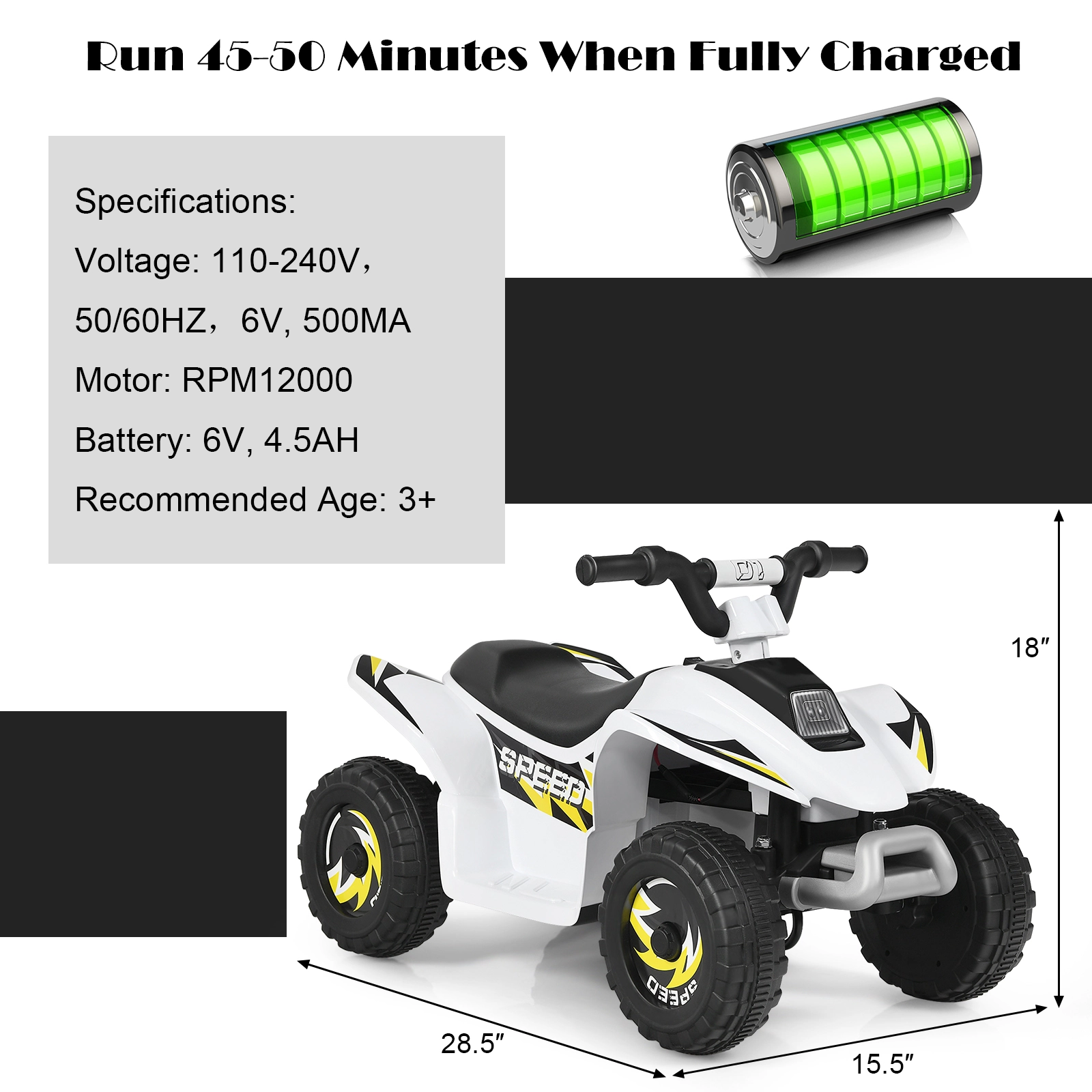 SUGIFT 6V 4-Wheel Electric Ride-On ATV Quad 66-lb Capacity Ages 3+ 28.5-in Long Rechargeable Battery White