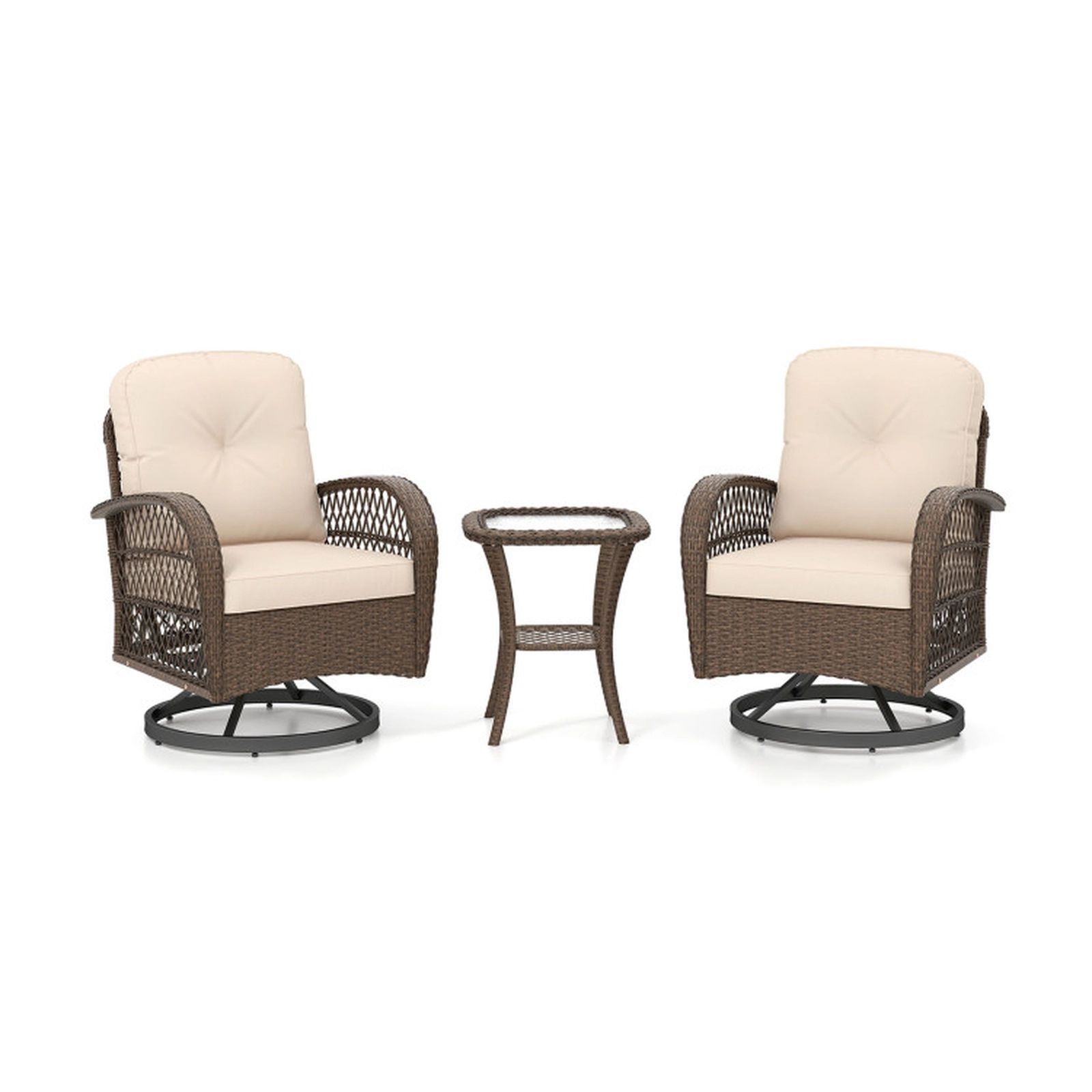 SUGIFT Tempered Glass Side Table and Cushions 3-Piece Patio Swivel Rocker Set