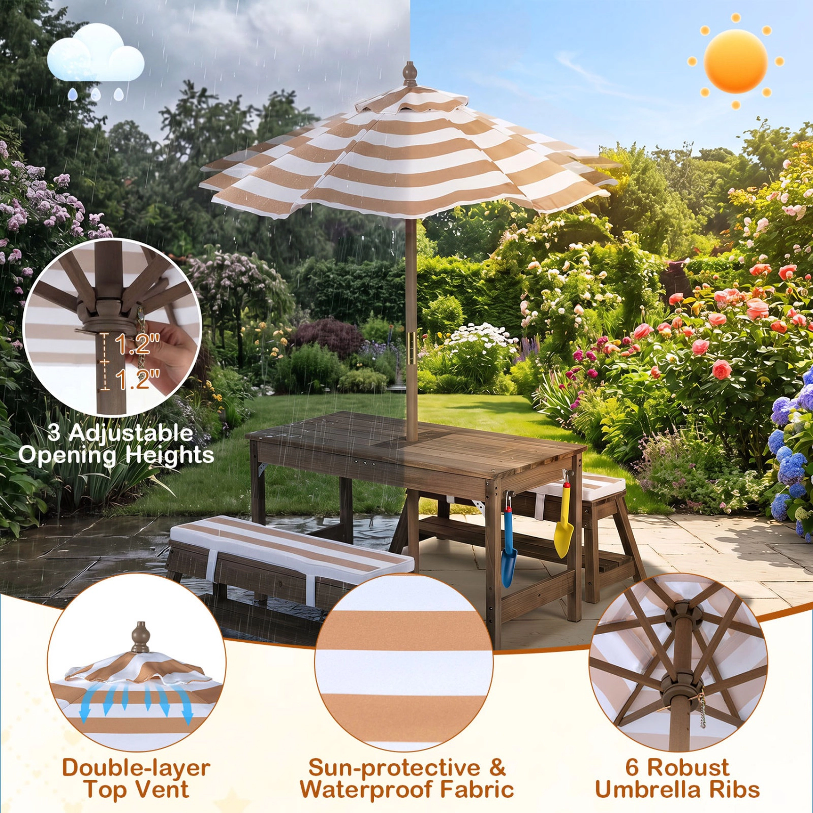 SUGIFT Umbrella and Water Boxes Kids Outdoor Fir Wood Picnic Table Bench Set