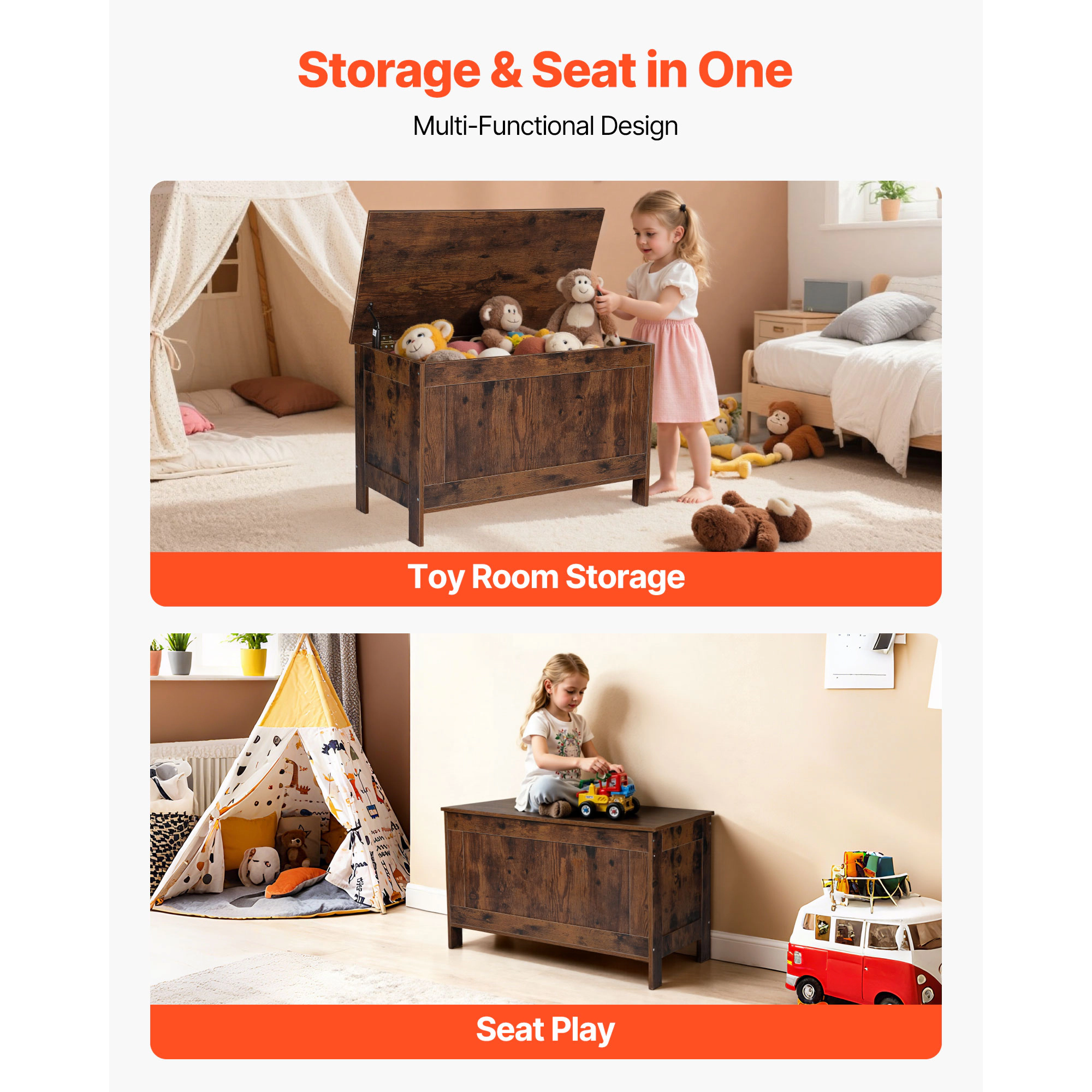 HONGGE Kids Storage Bench Wooden Toy Box Chest with Safety Hinge for Playroom Living Room or Entryway Easy Assembly