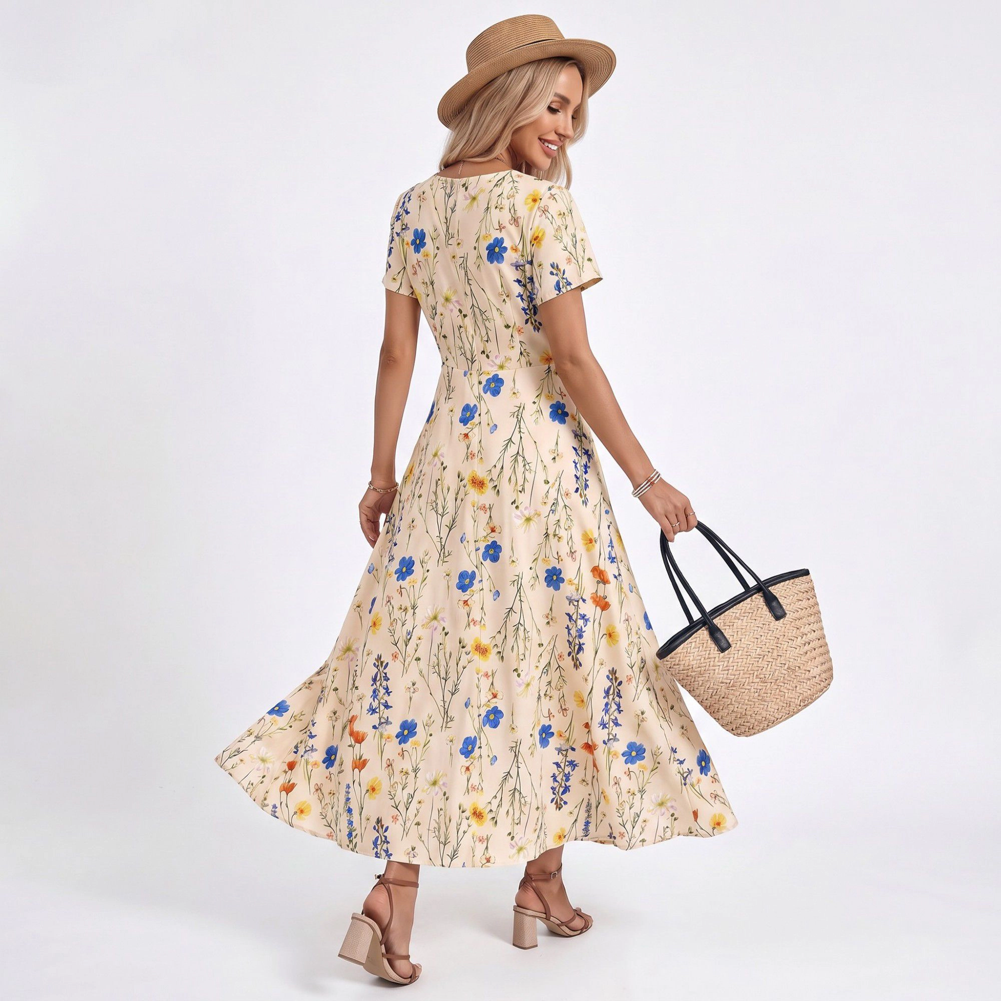 Anna-Kaci Women's Floral Square Neck Short Sleeve A-Line Button Front Maxi Dress