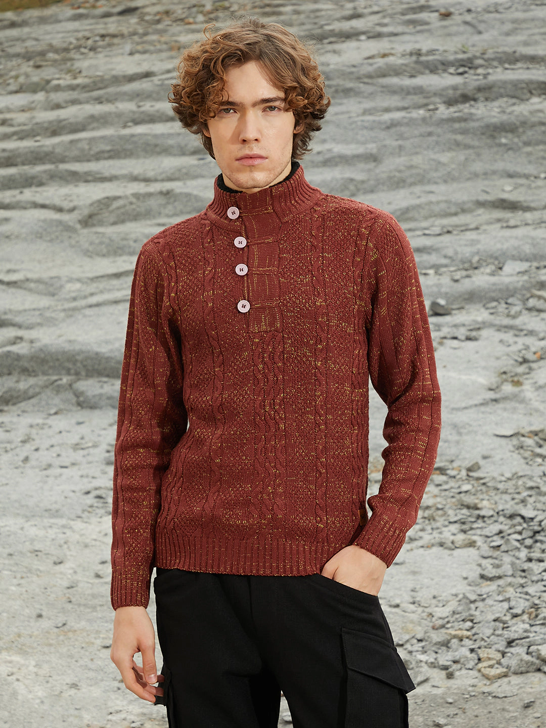 Campus Sutra Heathered Cable-Knit Sweater - Stand Collar, Long Sleeve, Brown