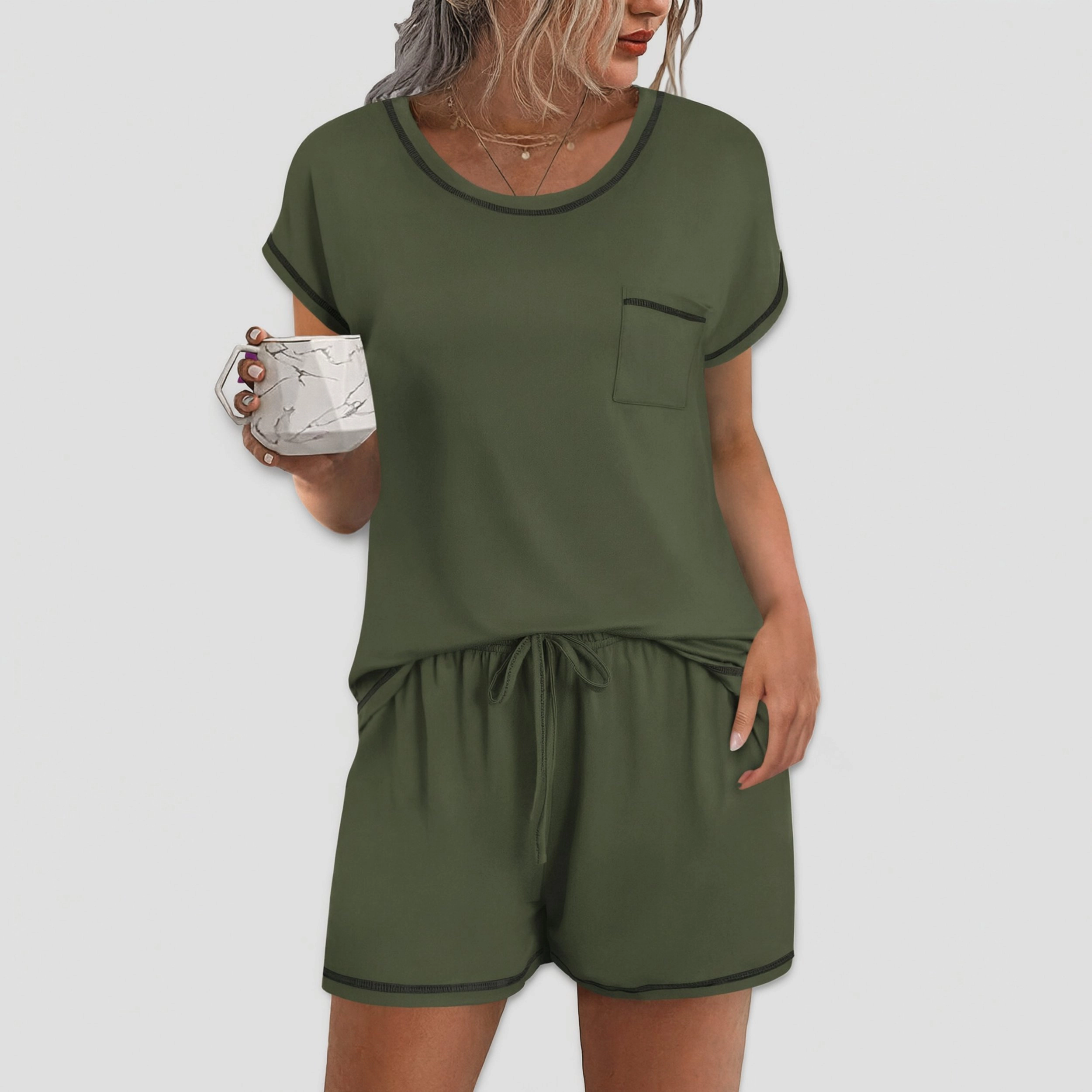Ekouaer Women's Crew Neck Short Sleeve Pajamas Set with Plaid Shorts