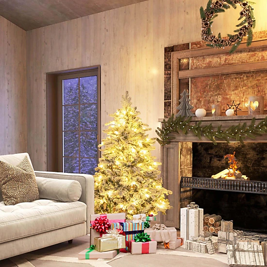 Costway 4.5 FT Pre-Lit Flocked Christmas Tree Hinged w/ 120 LED Lights & 757 Branch Tips
