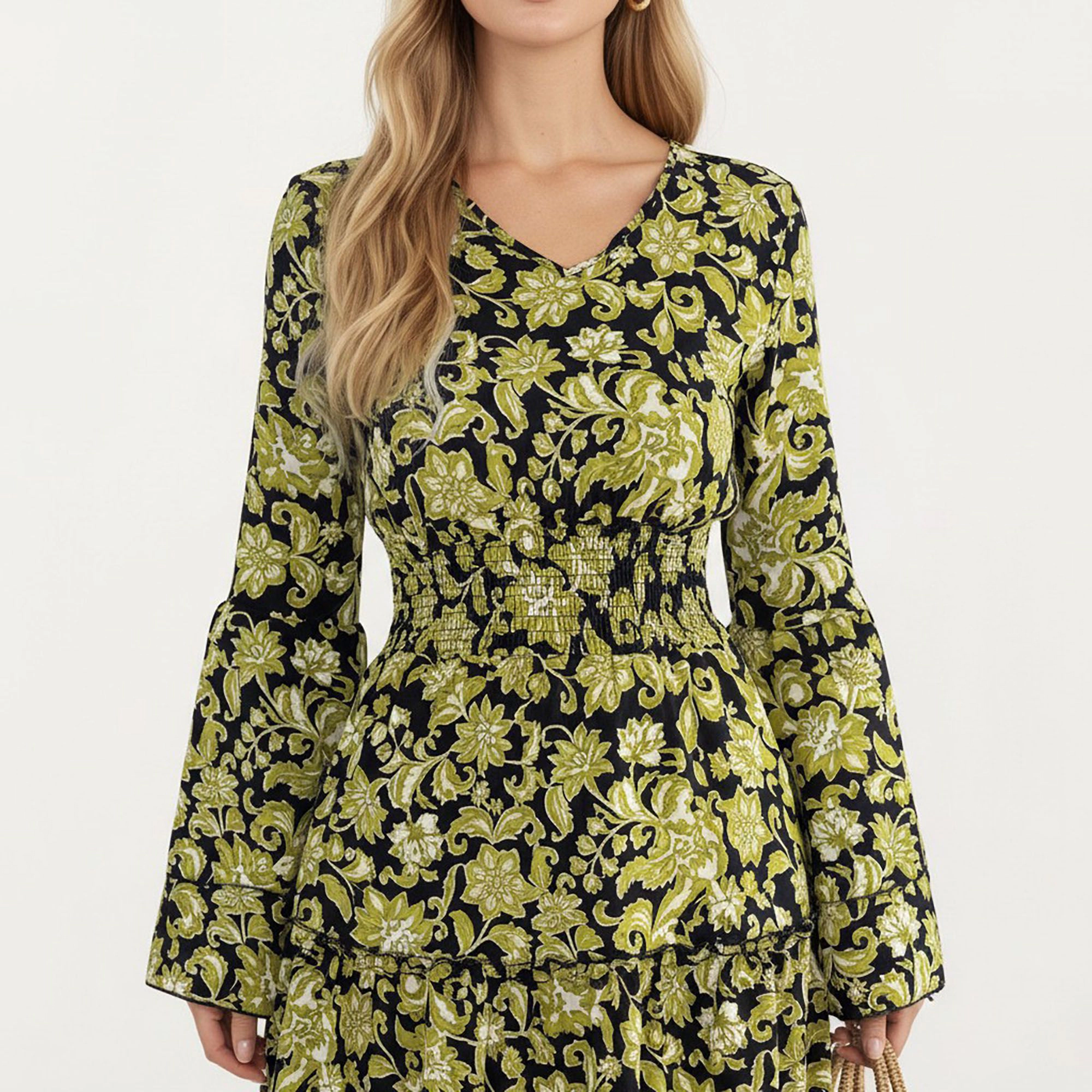 Anna-Kaci Women's Floral V Neck Bell Sleeves Tiered Skirt Dress
