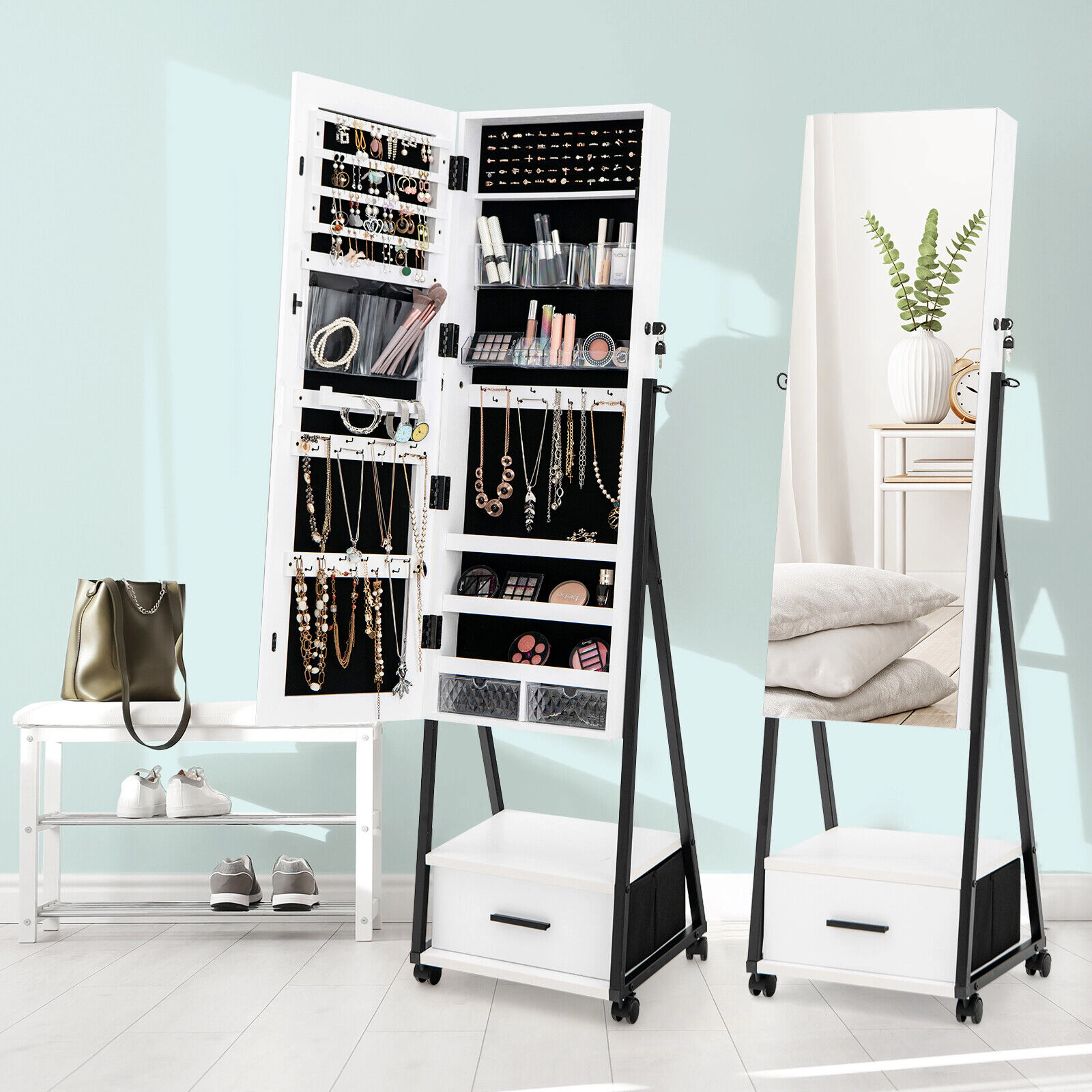 Slickblue 62 Inch Freestanding Jewelry Cabinet with Full-Length Mirror and Lockable Storage