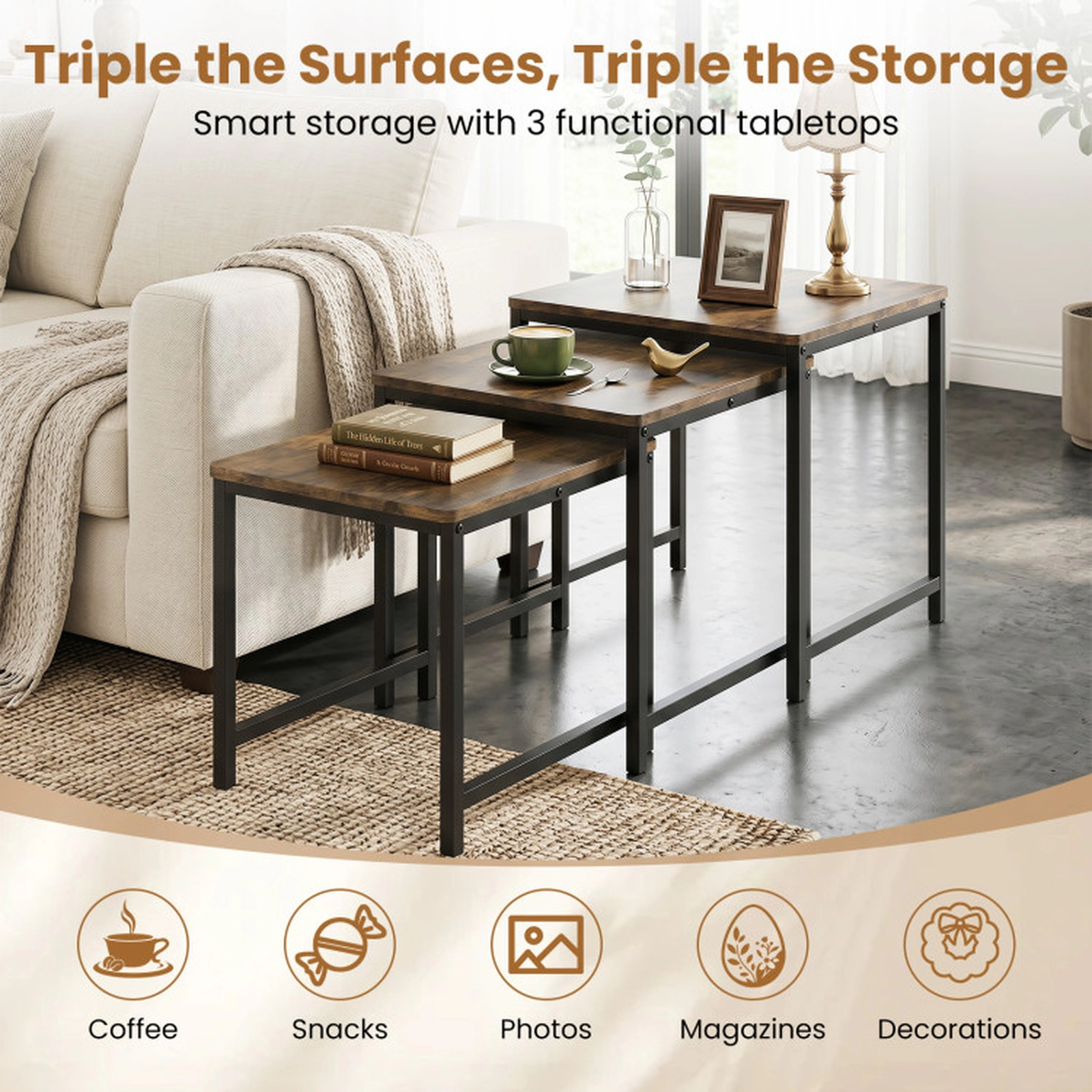 SUGIFT Space-Saving Faux Marble Nesting Tables with Metal Frame Set of 3 90-Lb Capacity Rustic Brown & Black