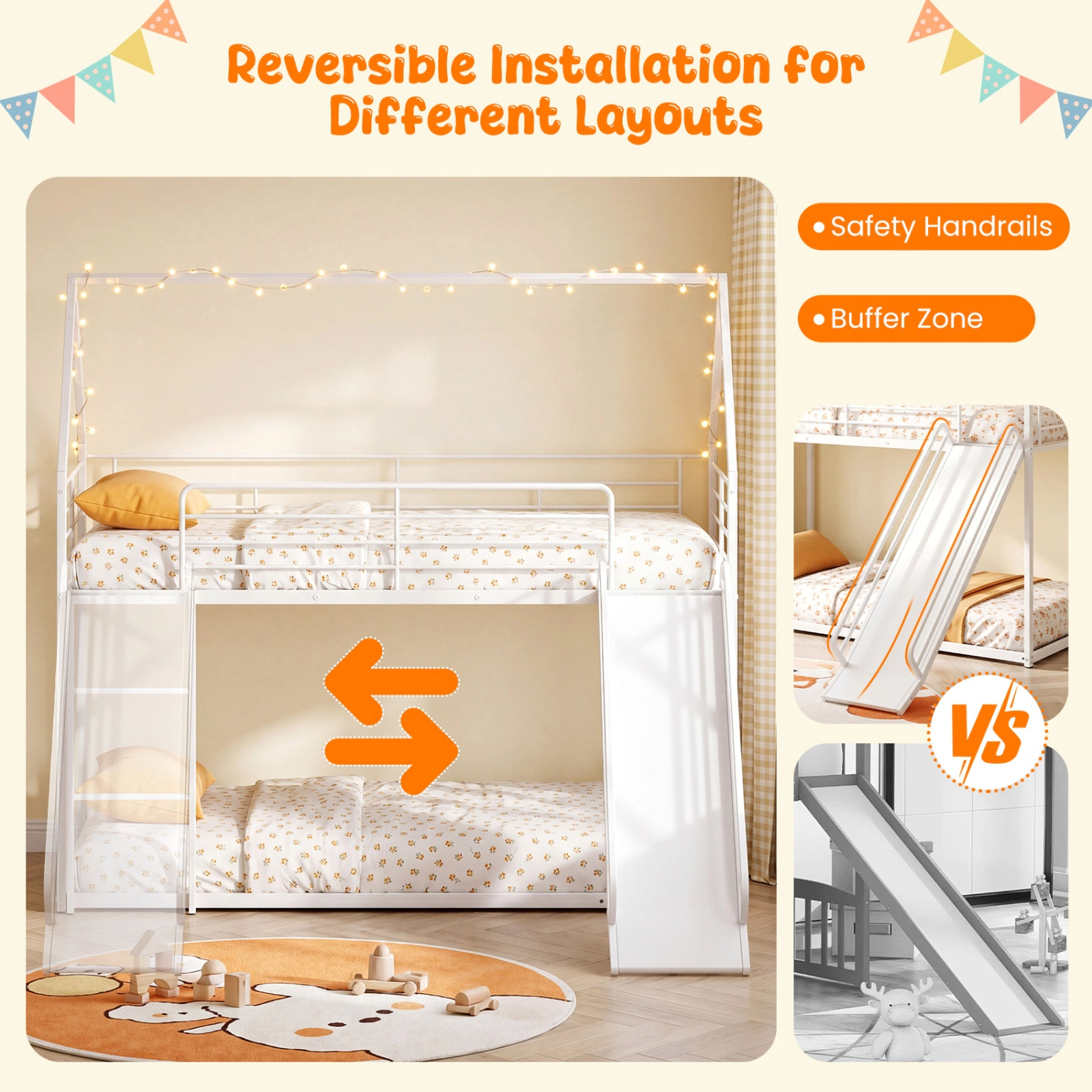 SUGIFT White Slide and Guardrails House-Shaped Metal Twin Over Twin Kids Low Bunk Bed