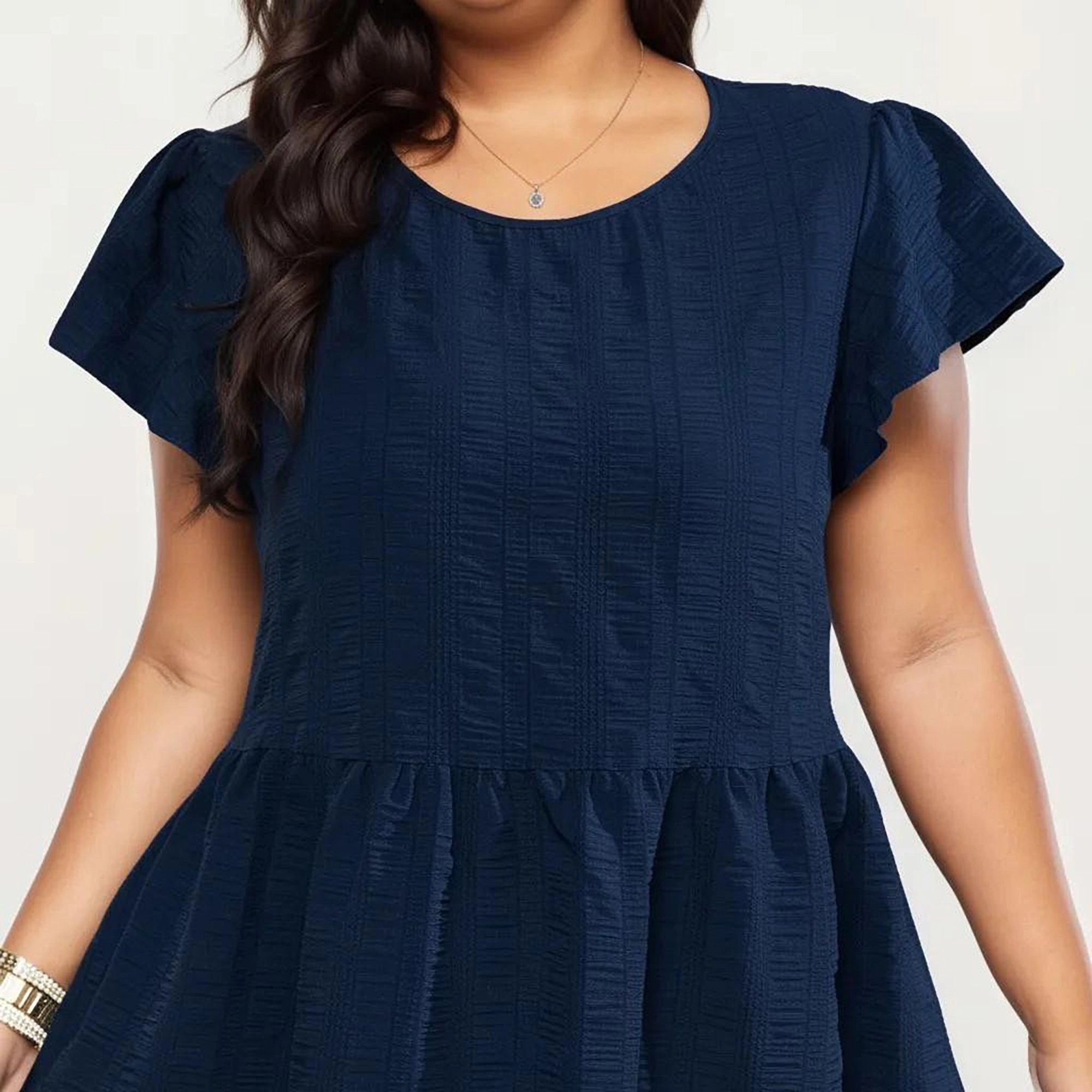 Anna-Kaci Women's Plus Size Textured Crew Neck Tiered Skirt Ruffle Sleeve Detail Flowy Babydoll Fit Dress